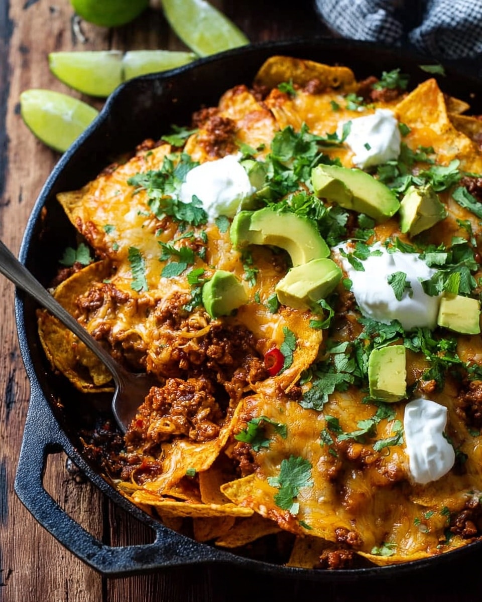 A black cast iron pan filled with one layer of crispy, golden tortilla chips covered by a browned melted layer of orange and white shredded cheese. Underneath, there is a layer of cooked seasoned ground meat visible where a spoon scoops some out. The nachos are topped with fresh green chopped cilantro and several chunks of sliced pale green avocado. Dollops of white sour cream are placed on top and lime wedges sit around the pan on a wooden surface. photo taken with an iphone --ar 4:5 --v 7