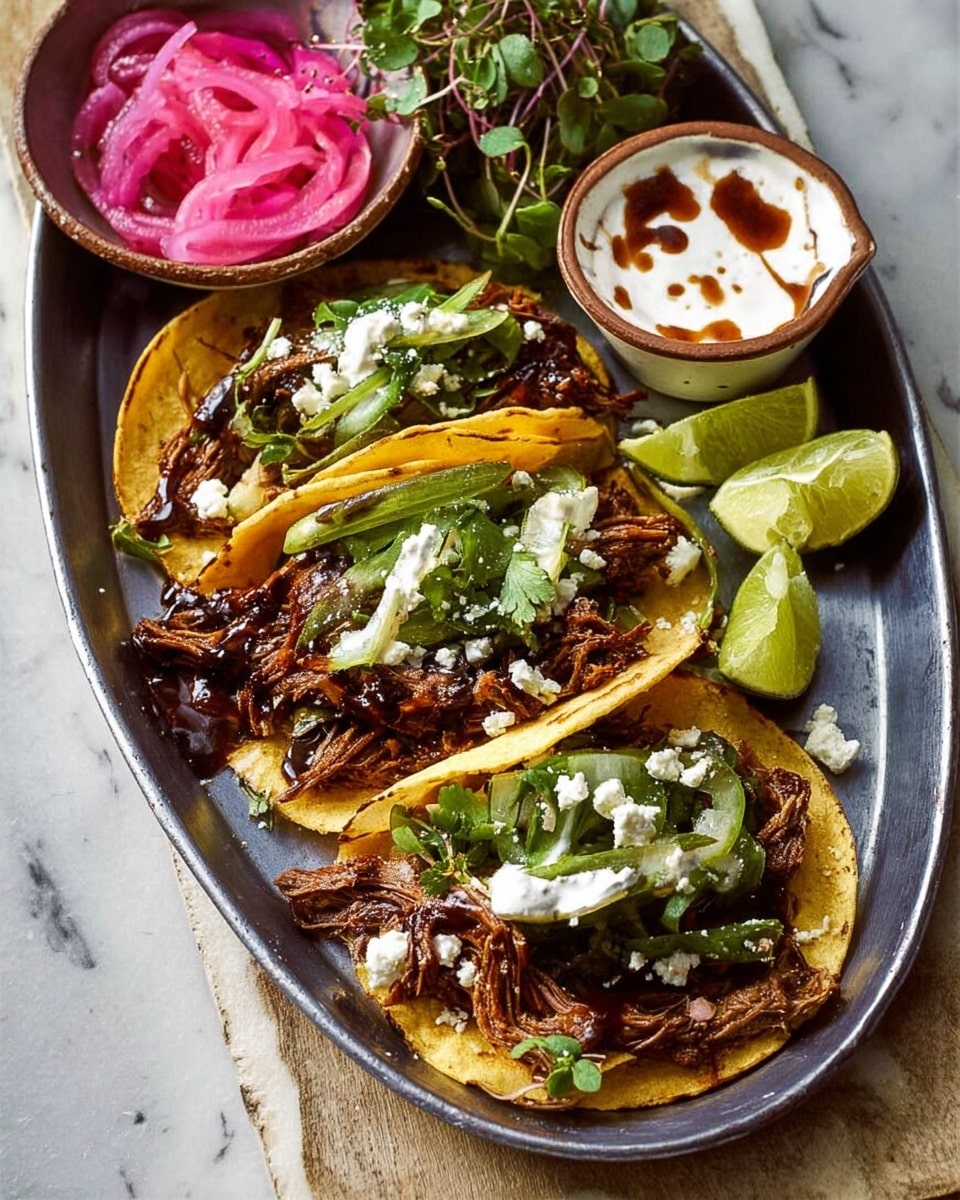 Three tacos are placed on a large oval metal tray over a white marbled surface. Each taco has a slightly charred, warm yellow corn tortilla as the base, filled with juicy, shredded dark brown meat. On top of the meat, there are fresh, bright green thinly sliced leafy vegetables and dollops of white creamy sauce. Small white cheese crumbles are scattered over the vegetables. Two lime wedges sit at the top right corner of the tray next to fresh green herbs with small white flowers. Next to the tray on the left, a small white bowl holds pickled onions that have a vibrant pinkish-purple color. A small ceramic bowl with white creamy sauce topped with a drizzle of dark brown sauce is placed on the tray near the tacos. Photo taken with an iphone --ar 4:5 --v 7