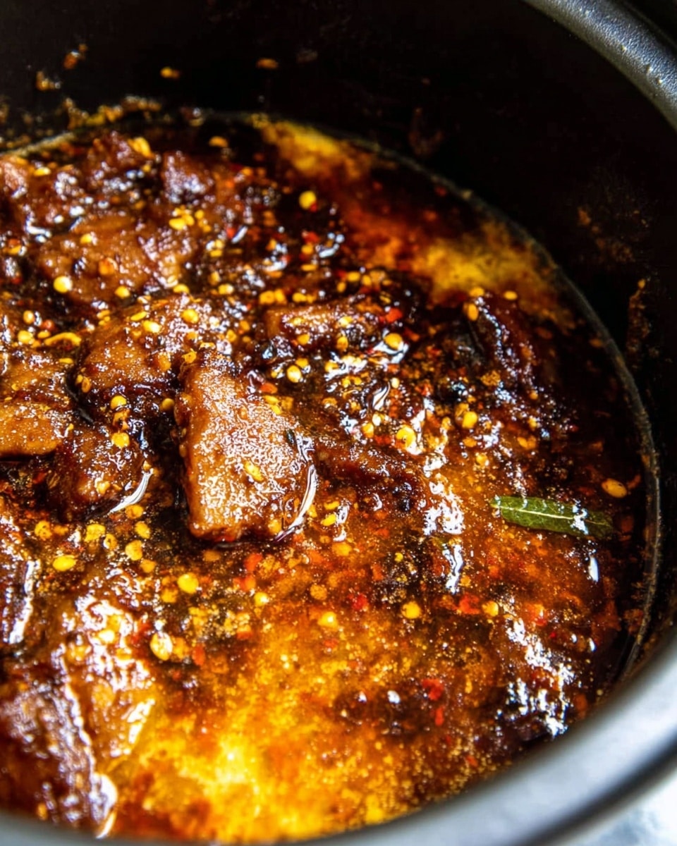 The image shows a close-up view of a cooked dish inside a black pot. The dish has one main layer of tender meat covered with a shiny, thick sauce that blends dark brown and golden yellow colors. There are specks of yellow seeds, red spices, and some herbs spread unevenly across the surface, adding texture and color contrast. The background outside the pot is a white marbled texture. Photo taken with an iphone --ar 4:5 --v 7