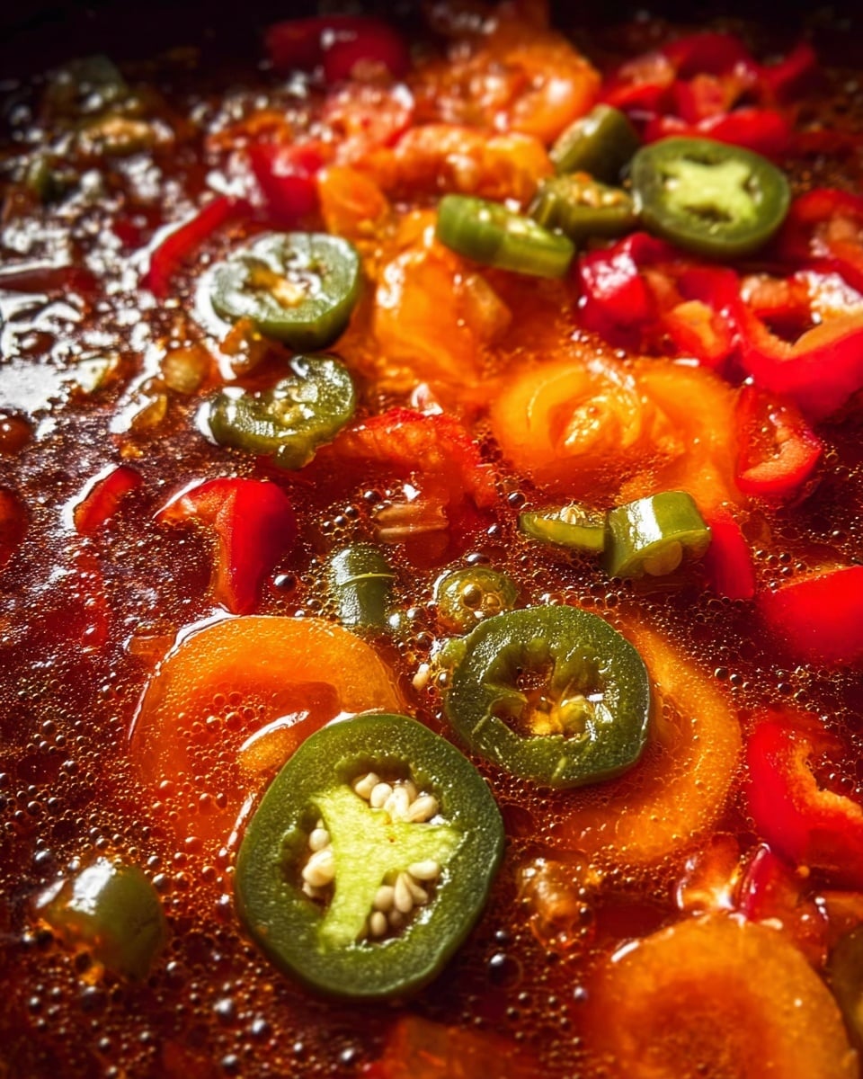 The image shows a close-up of a bubbling spicy stew with three visible layers: the base layer is a rich, dark red liquid with small bubbles rising to the surface, signaling heat; on top of that, soft, bright orange and red slices of bell pepper with a slightly glossy texture are spread evenly across the stew; and the topmost layer features fresh green jalapeño slices, some slightly translucent with seeds visible inside, scattered in the center. The background is a white marbled texture. photo taken with an iphone --ar 4:5 --v 7