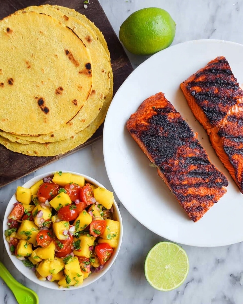 The image shows a white plate on the right side with two pieces of grilled salmon, each having dark grill marks and a deep reddish-orange color. Above the plate, there is a halved lime with a bright green outer peel and juicy interior. On the left side, three round, lightly toasted corn tortillas are stacked, showing a slightly uneven yellow color. Below the tortillas on the white marbled surface is a vibrant mango salsa with chunks of yellow mango, red cherry tomatoes, and small green herbs mixed together. A small green spoon is placed near the top left corner, and part of another lime half is visible just outside the frame. The overall setting is bright with contrasting colors. photo taken with an iphone --ar 4:5 --v 7