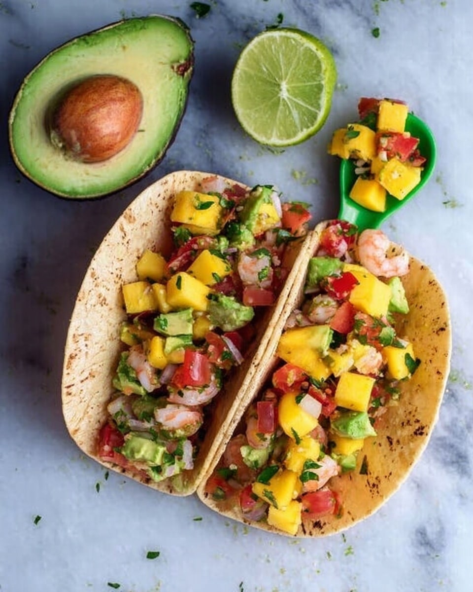 Two soft corn tortillas filled with colorful layers sit on a white marbled surface. Each tortilla holds a base layer of diced shrimp with a light pink color, followed by a chunky topping of bright yellow mango cubes, green avocado pieces, red cherry tomato halves, and small bits of fresh green herbs, all mixed together. Behind the tacos is a halved avocado with the seed still inside, a halved lime showing its juicy green inside, and a green spoon holding a few pieces of the mango and avocado salad. The texture of the tortillas is slightly rough and the filling looks fresh and juicy. Photo taken with an iphone --ar 4:5 --v 7