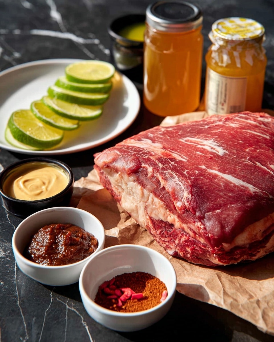 A large piece of raw marbled red meat with white fat veins sits on brown parchment paper on a dark surface. To the left, a white plate holds several lime wedges with bright green skin and pale green flesh, arranged in a fan shape. In front of the meat, two small white bowls are placed side by side; the left one contains a thick, dark reddish-brown paste, and the right one is filled with two types of ground red spices. Behind the plate of limes, there is a small jar of creamy pale yellow paste, a tall jar of golden honey with a label, and two small bowls, one black and one white, containing a light yellow liquid and some red pieces. The background is a white marbled texture. photo taken with an iphone --ar 4:5 --v 7