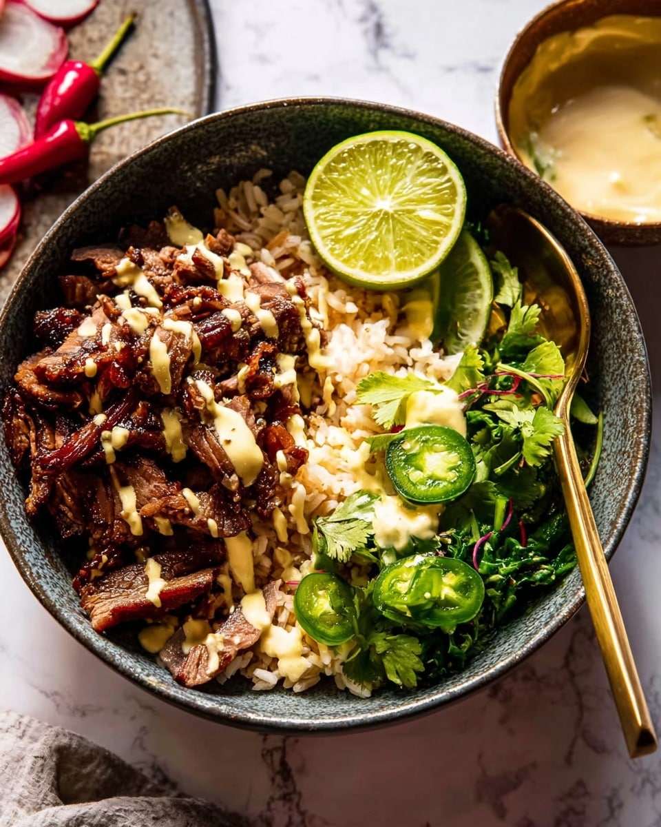 The image shows a bowl with four layers. The bottom layer is light-colored rice with a soft texture. On the right side, there is a layer of green herbs and sliced green chili with fresh leaves, adding a vibrant contrast. The left side has dark brown cooked meat with a slightly crispy and juicy texture, drizzled with a creamy light yellow sauce. On the side of the bowl, there is a lime wedge and a small container of creamy sauce. A golden spoon rests inside the bowl on the right. The bowl is placed on a white marbled surface. Photo taken with an iphone --ar 4:5 --v 7