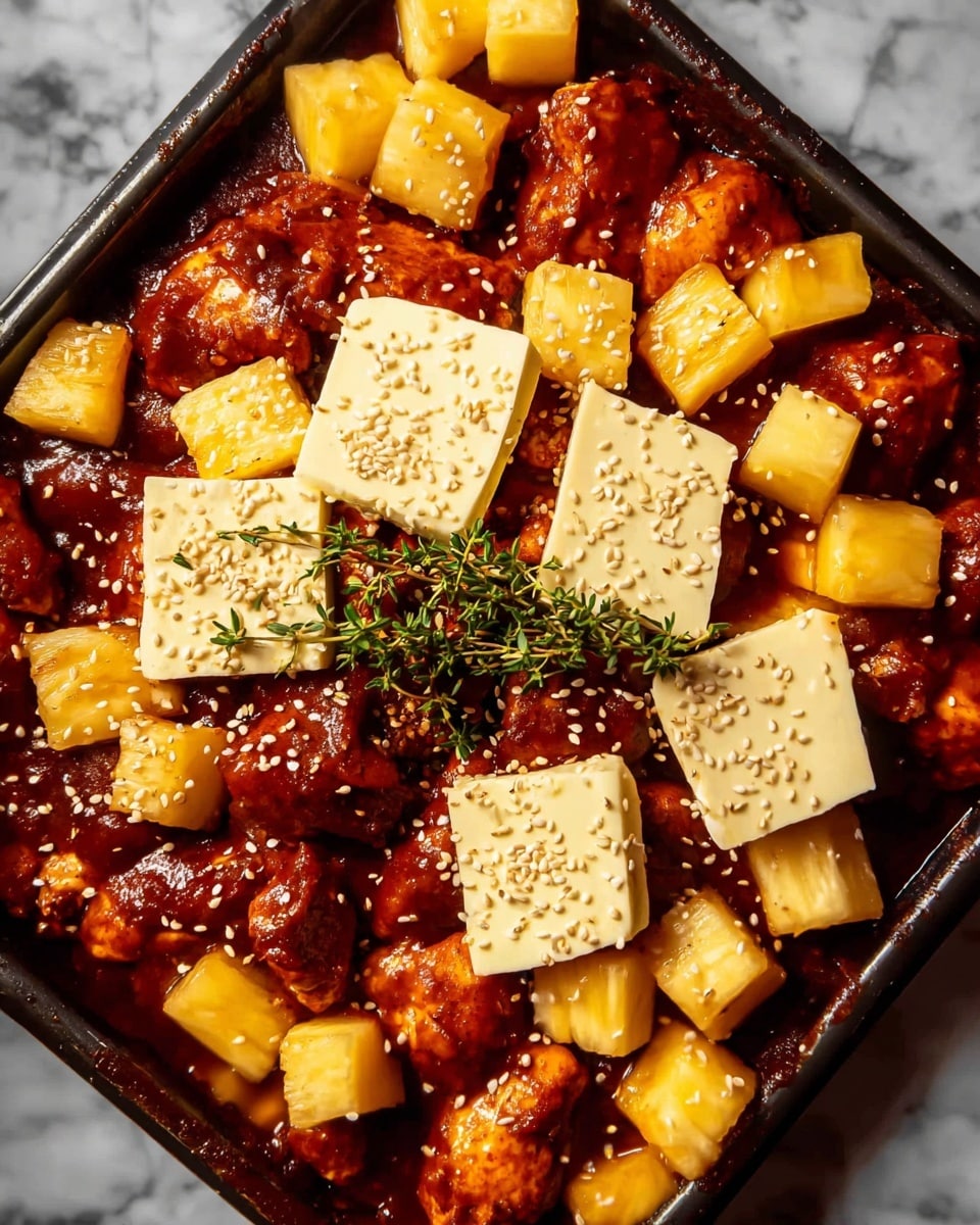This close-up shows a baking tray with several layers: the bottom layer is a dark brown sauce covering the surface; on top of it are large pieces of cooked chicken in a deep reddish-brown color, surrounded by cubed yellow pieces of pineapple evenly spread across the tray. On top of the chicken pieces, there are thick, square slices of pale cream butter sprinkled with small white sesame seeds. A small sprig of fresh green thyme rests on the chicken and pineapple mix, adding a touch of contrast. The tray is placed on a white marbled surface. photo taken with an iphone --ar 4:5 --v 7