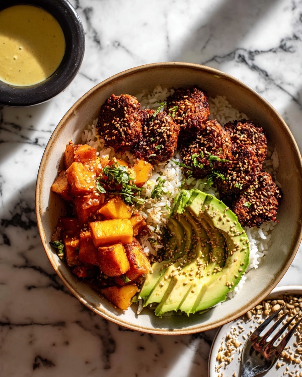 A bowl filled with three main layers: the bottom layer is white rice, topped with several crispy dark brown patties covered in sesame seeds and herbs, surrounded by bright orange roasted cubes, and slices of vibrant green avocado sprinkled with seeds on one side. A small black bowl with light yellow sauce and a piece of orange roasted cube rests on the bowl's edge. The bowl sits on a white marbled surface with part of a white plate holding scattered seeds and a fork visible to the right. Photo taken with an iphone --ar 4:5 --v 7