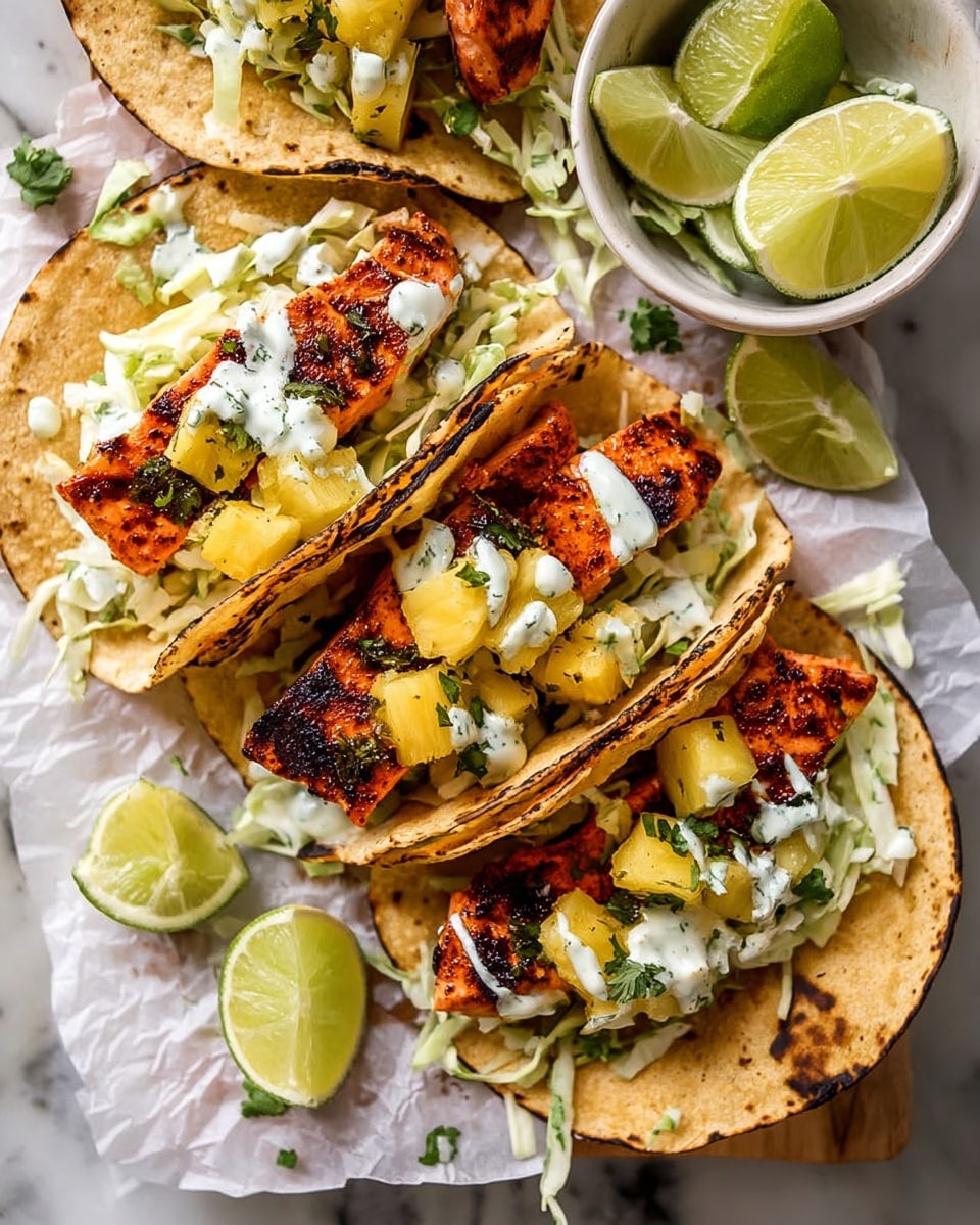 Three warm corn tortillas are filled with pieces of grilled salmon that have a charred, orange-brown exterior. Each taco has a layer of light green shredded cabbage at the base, topped with bright yellow pineapple chunks mixed with green herbs, and finished with dollops of white creamy sauce scattered over the salmon and other ingredients. The tacos rest on white parchment on a white marbled surface with two lime halves and a small white bowl holding lime wedges nearby. The arrangement is close-up, showing detailed textures and vibrant colors. Photo taken with an iphone --ar 4:5 --v 7