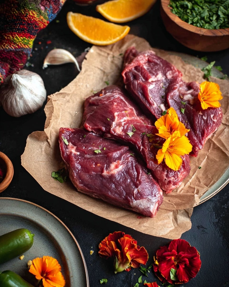 The image shows three raw pieces of dark red meat placed on a piece of brown parchment paper on a black surface. The meat has visible textures and marbling with small bits of white fat. Two yellow-orange edible flowers are placed on and near the meat. Around the meat are various items including two orange wedges on the upper left side, a whole garlic bulb on a small round grey plate near the bottom left, a green pepper partially visible in a brown bowl at the bottom left corner, and red and yellow flowers scattered on the black surface. In the background, there is a wooden bowl filled with chopped green herbs. The surface should be changed to white marbled texture. Photo taken with an iphone --ar 4:5 --v 7
