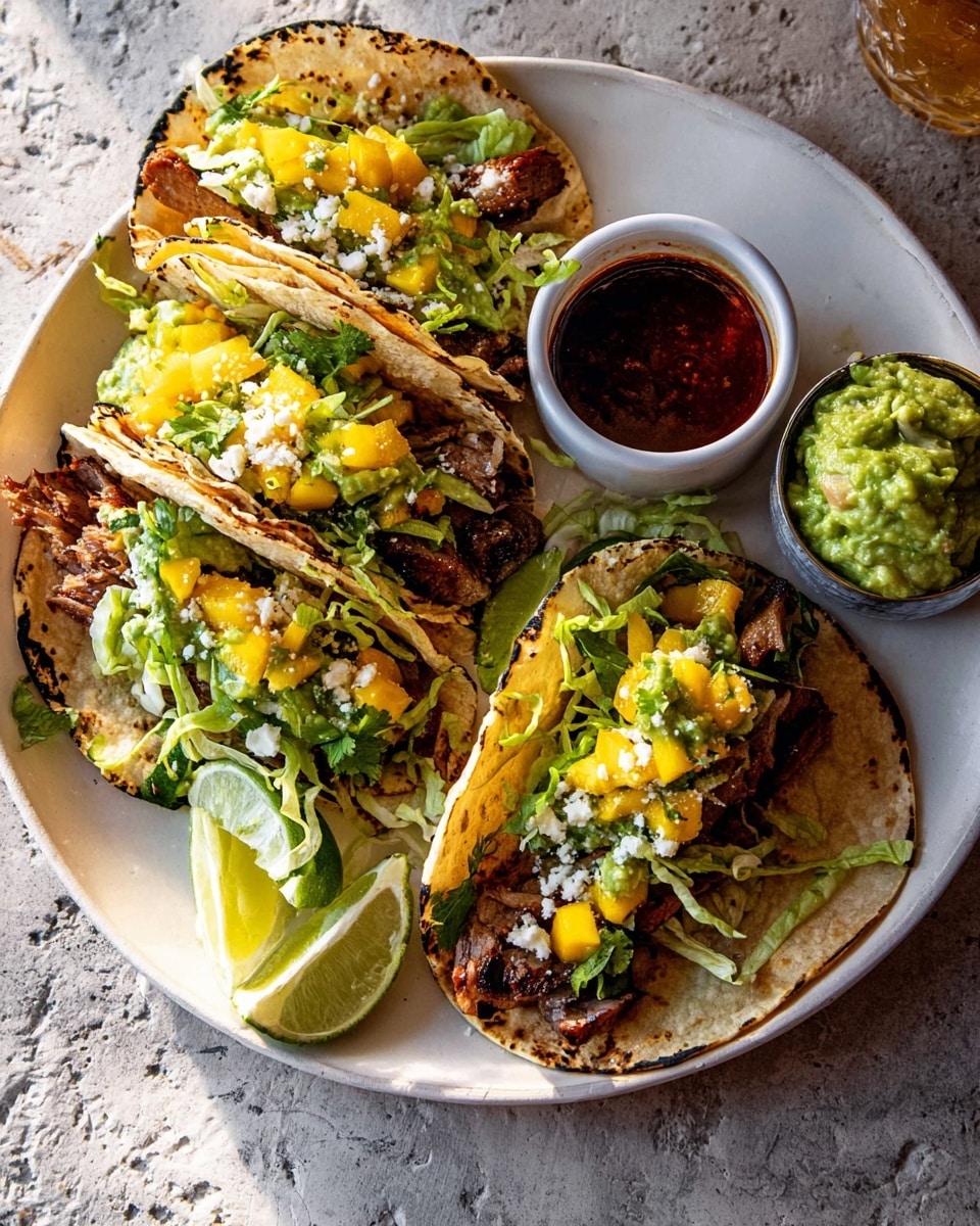 Two tacos on a white plate, each with three layers of soft tortillas slightly charred on the edges, filled with tender, browned meat pieces as the bottom layer. The middle layer has bright green guacamole and fresh shredded lettuce. The top layer is a mix of yellow mango cubes and crumbled white cheese scattered on top. On the side of the plate, there is a small white cup with a dark red sauce, a wedge of lime, and a small bowl of green guacamole, all placed on a white marbled textured surface. Photo taken with an iphone --ar 4:5 --v 7
