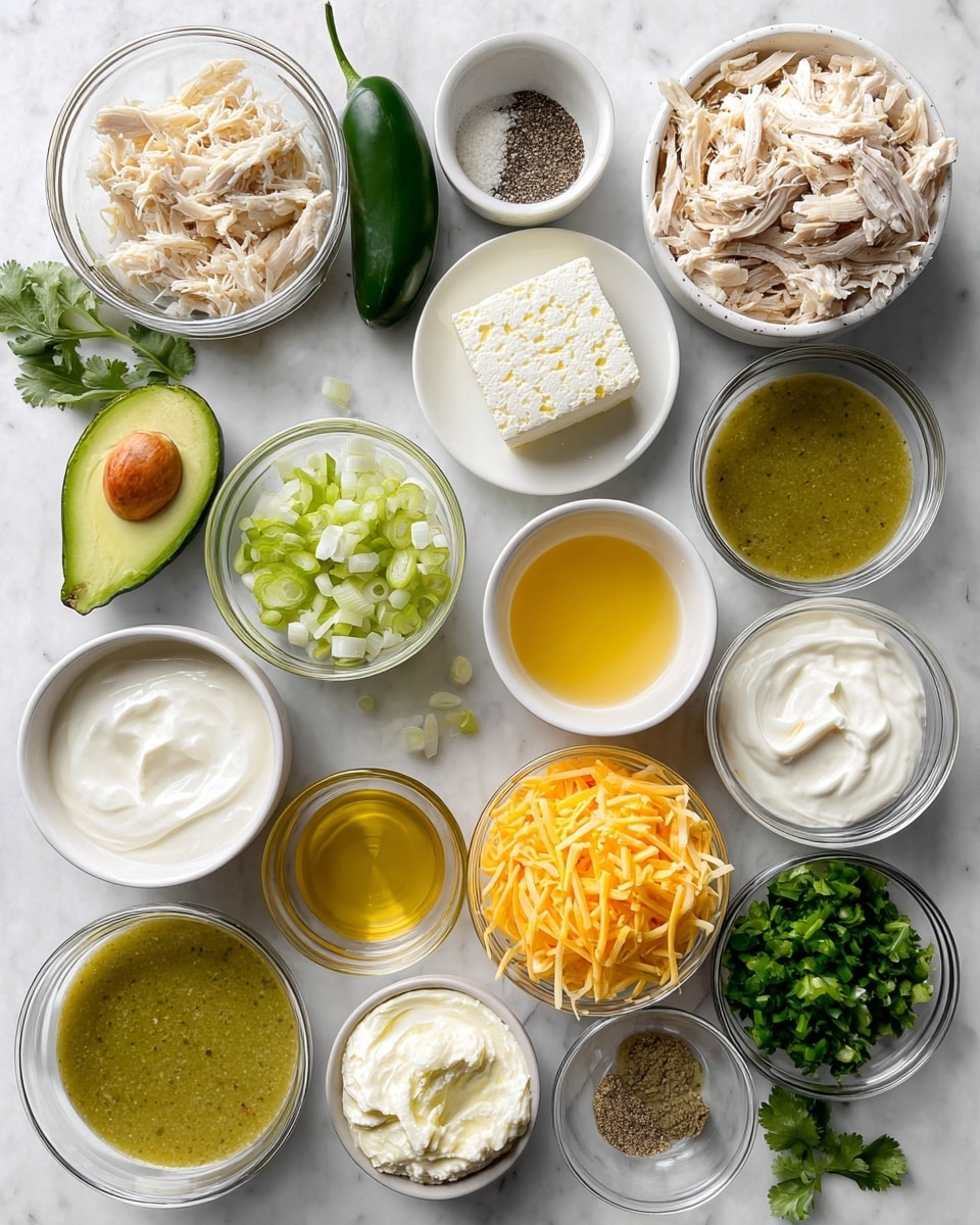 The image shows multiple small clear bowls and a white plate arranged on a white marbled surface, each filled with different ingredients. Starting from the top right, there is a bowl filled with shredded pale beige chicken, beside it a small bowl with white cream cheese with a soft texture. Below that is a bowl with finely chopped white onion, to the left is a bowl filled with thick white sour cream. Next to sour cream is a bowl with smooth, rich white heavy cream, and below is a bowl containing shredded yellow and white cheddar cheese. To the left of the cheddar cheese is a bowl with a thick green enchilada sauce, and above that a bowl with golden yellow chicken broth. Above the broth is a bowl filled with chopped green onions. On the left side, a white plate holds a whole green avocado. Above the avocado are small bowls with coarse salt and ground black pepper. At the top center is a whole dark green jalapeno pepper, and above to the left is a bowl with finely chopped fresh cilantro. A small bowl with mild yellow oil sits next to the cilantro. At the bottom right corner is a bowl with chunky green salsa verde. The overall look is clean, bright, and fresh. Photo taken with an iphone --ar 4:5 --v 7