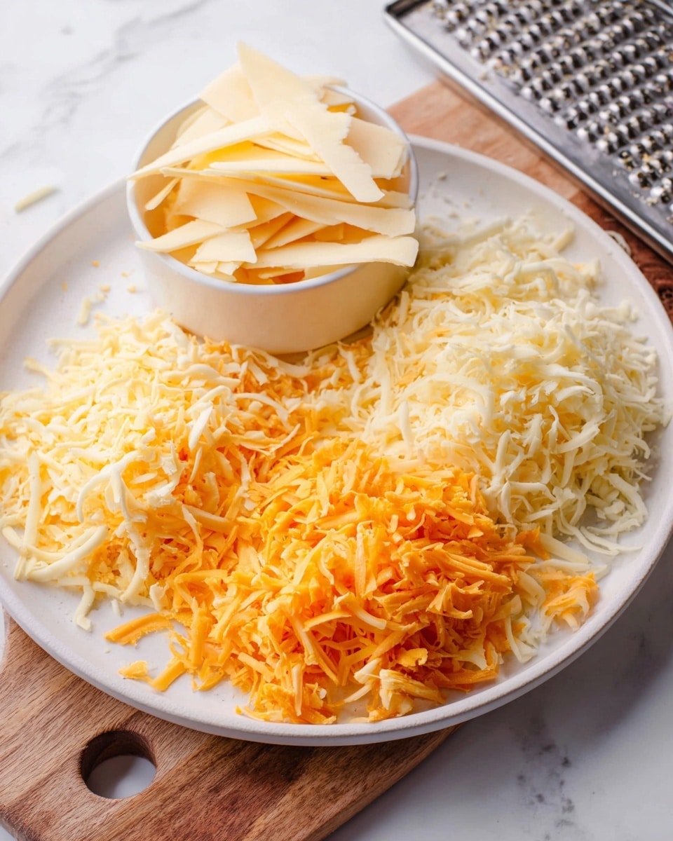 A white round plate on a white marbled surface holds two piles of shredded cheese: one is pale yellow and the other is a mix of bright orange and cream colors. In the upper left part of the plate, a small white bowl is filled with thin, pale yellow cheese slices with a slightly rough texture. The plate rests on a wooden board with a hole in its handle, and a metal cheese grater is partly visible in the top right corner. The scene has soft, natural lighting that highlights the textures of the cheese photo taken with an iphone --ar 4:5 --v 7