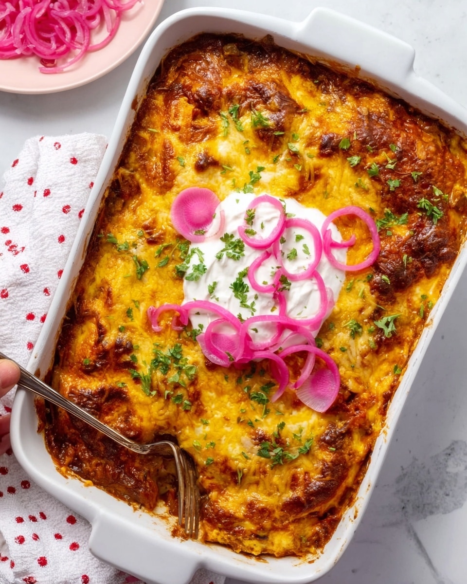A white rectangular dish filled with a baked layered casserole topped with melted golden-yellow cheese that looks slightly crispy around the edges. On top in the center is a dollop of white sour cream garnished with thin, round pink pickled onion slices and small green herb leaves sprinkled over the surface. The dish sits on a white marbled textured surface, with a white cloth with tiny red dots partially visible on the left side. A woman's hand holding a fork is reaching from the left corner towards the dish. photo taken with an iphone --ar 4:5 --v 7