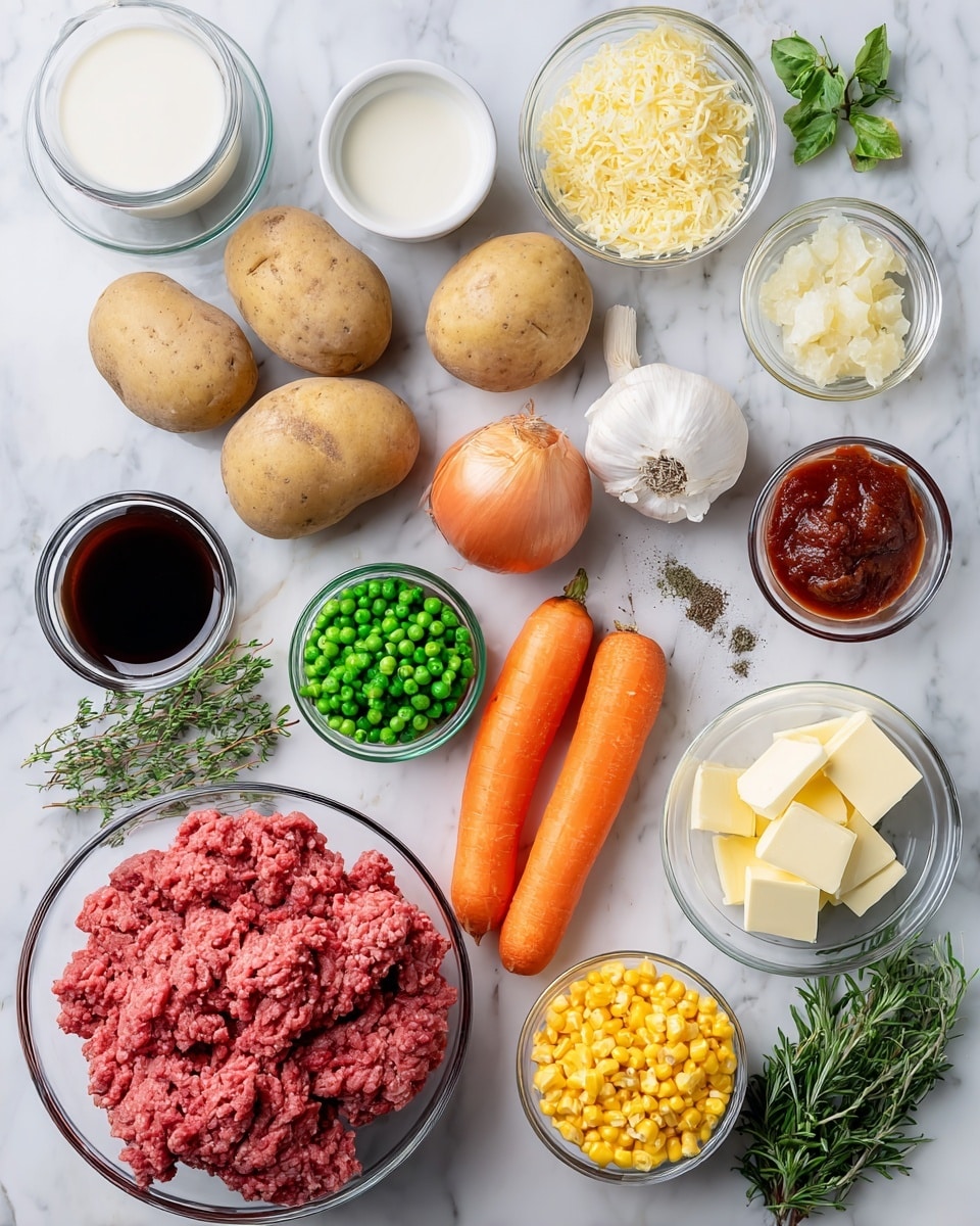 The image shows a white marbled surface with fresh cooking ingredients neatly arranged. There are four light brown potatoes placed in the center, surrounded by bright orange carrots, a whole yellow onion, and small green peas in a clear bowl. Fresh green herbs like parsley, thyme, and rosemary with vibrant leaves are laid out on the top right. There are several small clear bowls holding different items: yellow corn kernels, white flour, grated cheese, butter cubes, tomato paste, minced garlic cloves, black pepper, and liquids including milk, broth, a dark soy-like sauce, and a light vinegar-like liquid. At the bottom left is a large clear bowl filled with raw ground meat, all set on a clean, white marbled background. photo taken with an iphone --ar 4:5 --v 7