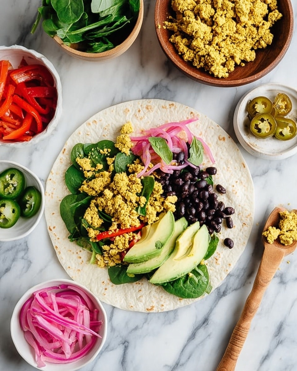 A white tortilla lay flat on a white marbled surface, topped with a colorful mix of fresh ingredients arranged in layers across its center. The first layer shows bright green spinach leaves, followed by sliced avocado placed neatly on one side. Next, there is a crumbly yellow tofu scramble mixed with black beans scattered on top. On the other side, thin strips of red bell pepper and pink pickled onions add vibrant color and texture. Surrounding the tortilla are small white bowls holding fresh spinach, sliced jalapeños, pickled onions, and roasted red peppers. A brown bowl filled with tofu scramble and a wooden spoon rests above the tortilla. Photo taken with an iphone --ar 4:5 --v 7