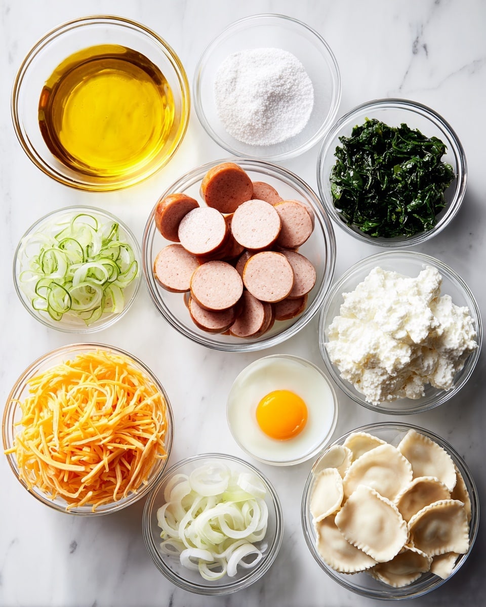 The image shows nine clear glass bowls arranged on a white marbled surface, each containing different ingredients. Starting from the top left, there is a bowl with golden olive oil, next to it a small bowl of white salt, then a bowl with dark green chopped spinach. Below the oil is a bowl filled with round slices of pinkish sausage, beside that is a bowl with a bright yellow egg yolk in liquid form. The center bowl holds white, fluffy ricotta cheese with a slightly creamy texture. To the right of the ricotta is a bowl with sliced white onions, and next to it, a bowl of thinly sliced light green scallions. At the bottom left, a bowl contains shredded orange cheddar cheese, and lastly, at the bottom right, a bowl holds white, uncooked ravioli with sealed edges stacked loosely. The photo taken with an iphone --ar 4:5 --v 7