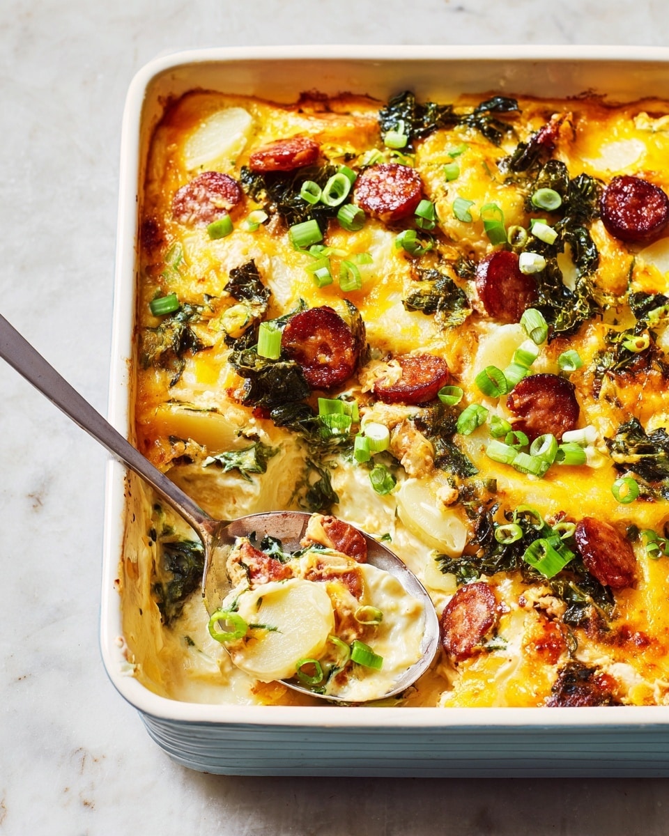 This dish shows a white rectangular baking dish filled with layers. The bottom layer is creamy and light yellow, holding round slices of soft white cooked potatoes. On top of the potatoes are some dark green leafy vegetables scattered randomly. Next is a layer of small round reddish-brown sausage slices spread evenly. Over this is a thick layer of bright melted yellow-orange cheese covering the whole dish. The top is sprinkled with fresh chopped green onions, adding small pops of green color. A silver spoon is scooping out a portion, showing all the layers inside the dish. The dish rests on a white marbled surface. Photo taken with an iphone --ar 4:5 --v 7