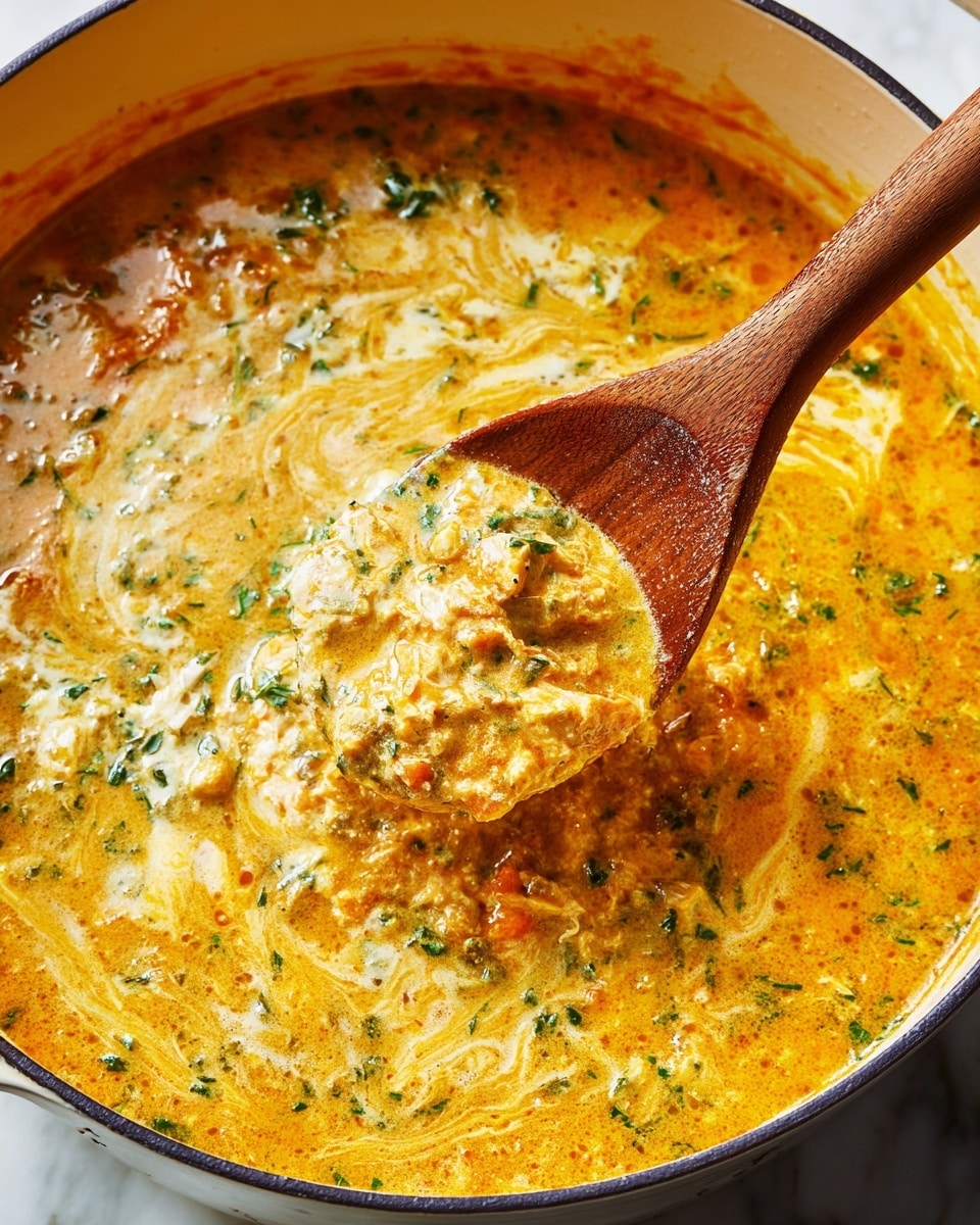 The image shows a close-up of a thick, creamy soup or stew inside a white pot with a dark rim. The dish has a rich orange and yellow color with specks of green herbs evenly spread throughout. A wooden spoon is lifting a scoop of the soup, showing a chunky texture with soft pieces and a slightly oily surface. The soup’s layers mix orange broth, creamy white swirls, and small green bits, creating a vibrant, warm appearance. The pot is placed on a white marbled surface. photo taken with an iphone --ar 4:5 --v 7