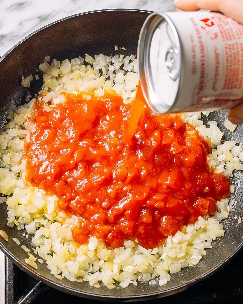 In a black frying pan, the base layer consists of small, light yellow chopped onions spread evenly around the pan with a slightly translucent and cooked texture. On top of the onions, there is a layer of bright red, chunky tomato sauce with visible tomato pieces and a glossy, smooth texture. At the top right corner, a woman's hand is slightly blurred as it pours contents from a white can with red lettering into the pan. The background is a white marbled texture. Photo taken with an iphone --ar 4:5 --v 7