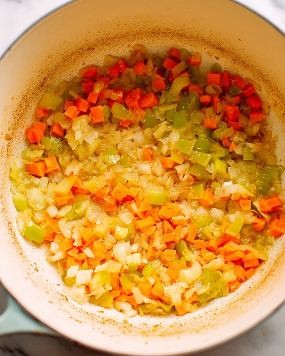 The image shows a white pot with one layer of sautéed chopped vegetables inside, including orange carrots, light green celery, and yellow onions. The vegetables are soft and slightly shiny, spread thinly along the bottom and sides of the pot, leaving the center mostly clear. The surface inside the pot has some light brown bits from cooking. The pot is on a white marbled surface. Photo taken with an iphone --ar 4:5 --v 7