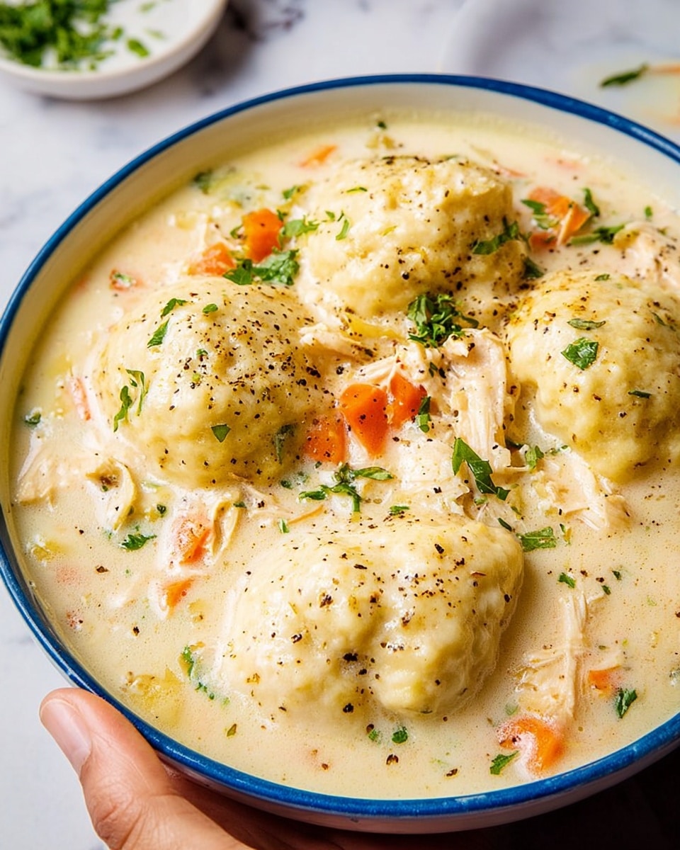 A close-up of a thick creamy soup in a white bowl with a blue rim, filled with four large light yellow biscuit dumplings floating on top, small bits of orange carrot and shredded light brown chicken pieces mixed throughout the pale off-white creamy base, sprinkled with black pepper and chopped fresh green herbs, held by a woman's hand above a white marbled surface with a small white dish in the background photo taken with an iphone --ar 4:5 --v 7