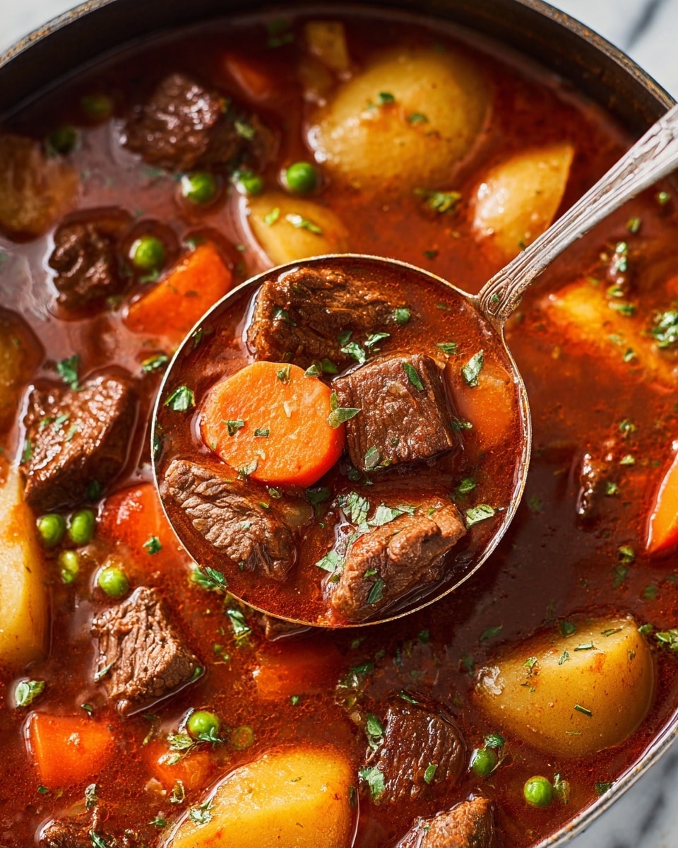 The image shows a close-up of a ladle scooping a rich, dark brown stew filled with chunks of tender beef, light golden potato slices, bright orange carrot rounds, and small green peas, all floating in a glossy, thick reddish-brown broth. The stew is sprinkled with small pieces of fresh green herbs, adding a touch of color. The ladle with the stew is centered and slightly above the rest of the stew, which fills the whole frame. The background underneath the stew has a white marbled texture. photo taken with an iphone --ar 4:5 --v 7