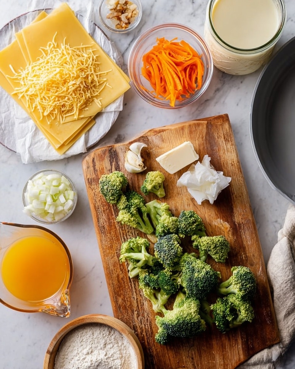 The image shows a wooden cutting board on a white marbled surface with fresh ingredients for cooking arranged around it. On the board, there are several small green broccoli florets, three garlic cloves, and thin orange carrot strips in a clear glass bowl near the center top. To the top right of the board, a large pan rests, and next to it is a clear glass jar filled with a light creamy liquid. On the upper left side of the image, thin yellow lasagna sheets are stacked with shredded yellow cheese on a white plate beside them. Below that, small chunks of butter are wrapped in white paper. A small clear bowl with chopped white onions sits near the bottom left. At the bottom left corner, a glass measuring cup holds orange liquid broth. Near the bottom right of the board, a small bowl of white flour is partly visible. A jar with a spread or paste, golden brown in color, is open on the middle left edge of the board. Photo taken with an iphone --ar 4:5 --v 7