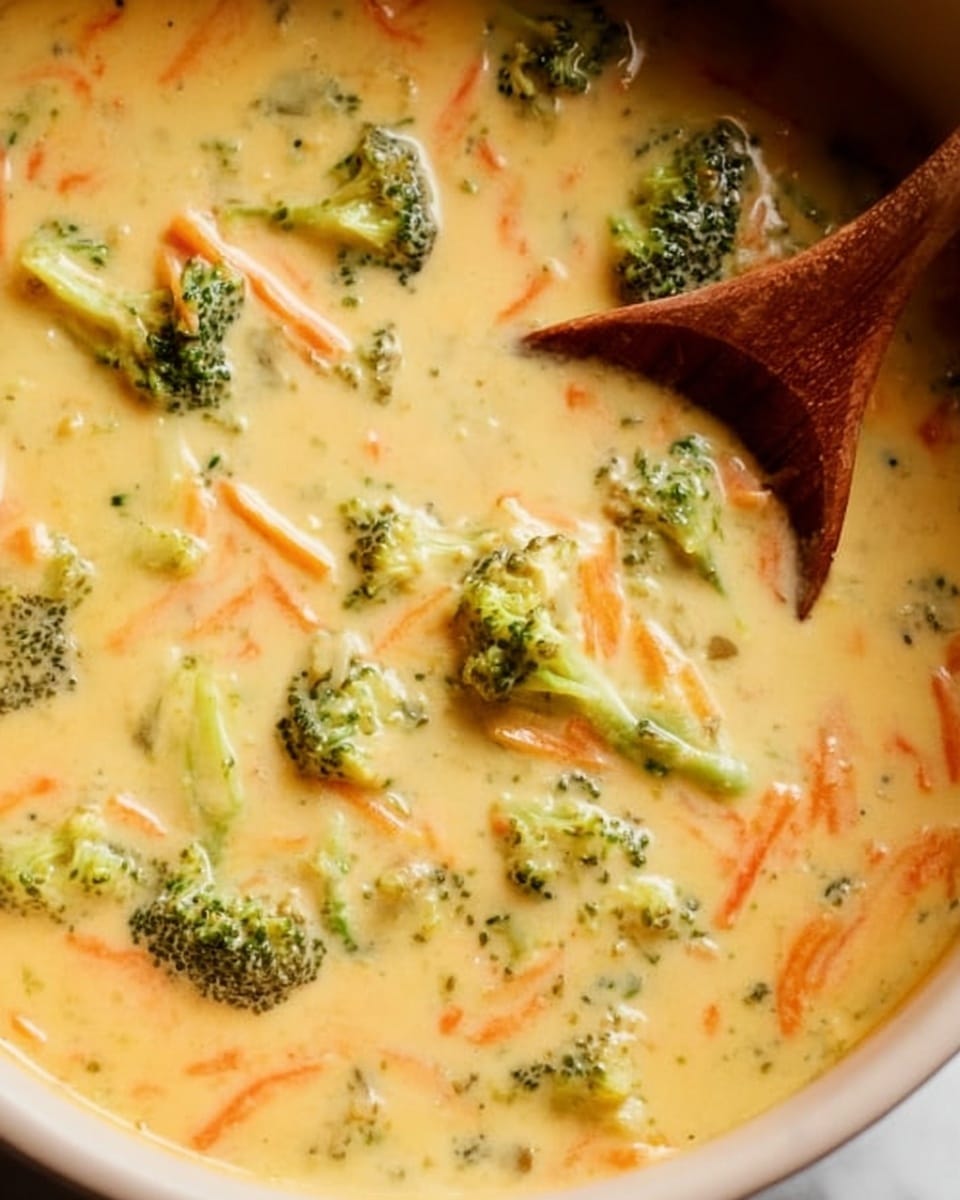 A close-up view of a creamy soup with a light orange-yellow base, filled with small bright green broccoli florets and thin orange carrot strips scattered evenly. A wooden spoon stirs the soup, showing its smooth, thick texture. The scene is set on a white marbled surface, giving a clean and bright background. Photo taken with an iphone --ar 4:5 --v 7