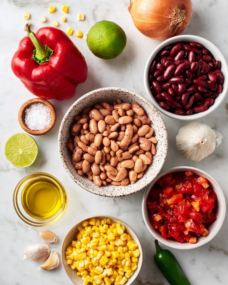 The image shows a collection of ingredients placed on a white marbled surface. In the center is a speckled bowl filled with light brown beans. Surrounding it are four white bowls: one with dark red kidney beans at the top right, one with red diced tomatoes mixed with some pieces at the middle right, one with bright yellow corn kernels at the bottom center, and another with a small amount of a red sauce at the bottom left. A small glass bowl of golden oil is near the red sauce. To the left of the corn are two lime halves and two small peeled garlic cloves. A green chili pepper is near the lime. On the right side, a whole yellow onion is visible. At the top left is a whole red bell pepper and a small wooden dish with white salt beside it. The scene is clean and brightly lit with all colors and textures clear. Photo taken with an iphone --ar 4:5 --v 7