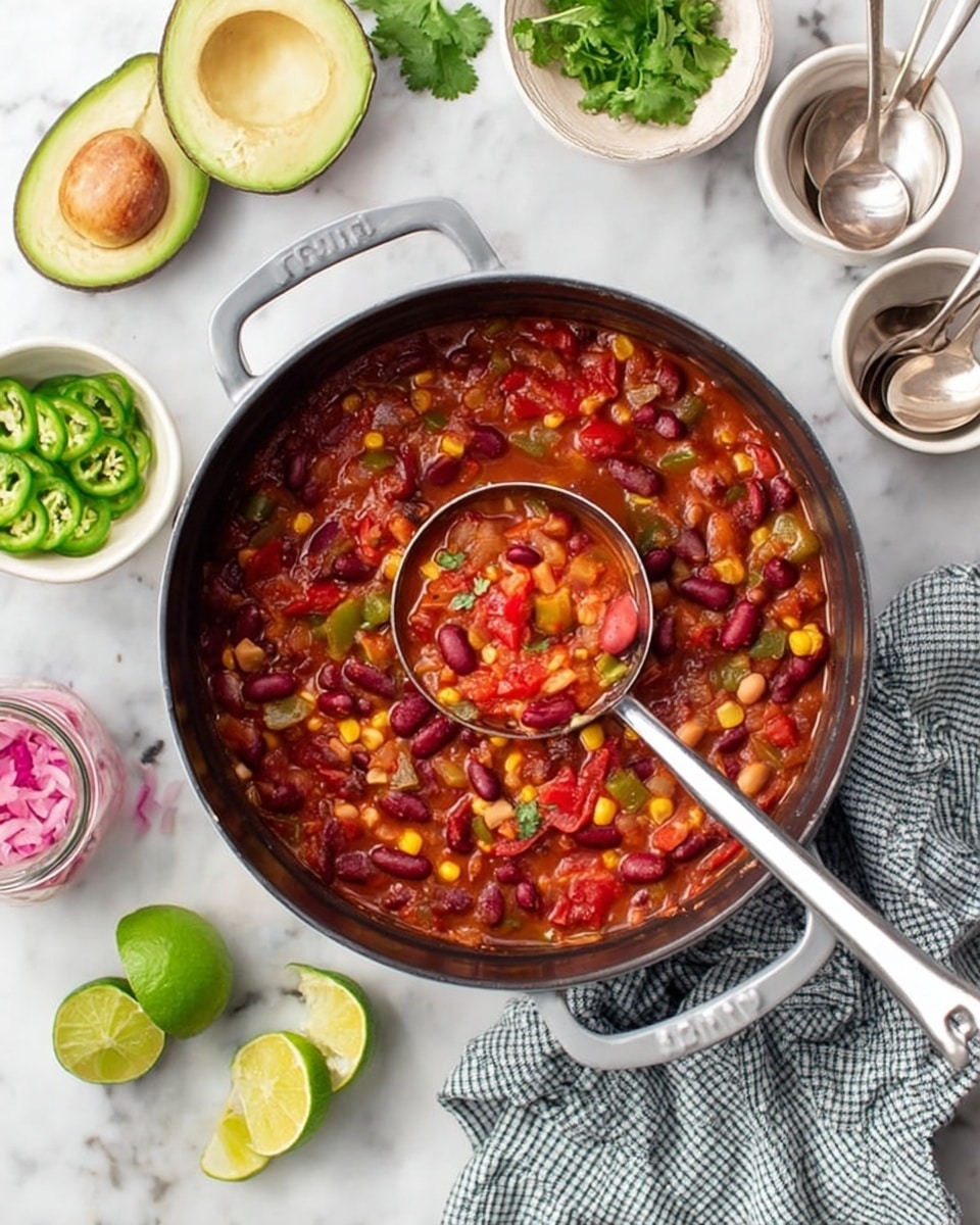 A large black pot filled with three layers of colorful chili: at the bottom a rich mix of red kidney beans, light brown beans, and small orange corn kernels, mixed evenly with diced red tomatoes and green pepper pieces, all in a thick red sauce, held together by a silver ladle resting in the pot. Around the pot on a white marbled surface are two halves of avocado, a few lime halves and green whole limes, a small white bowl with sliced green jalapeños, green fresh cilantro leaves, a small glass jar with pickled pink onions, two empty white bowls with silver spoons, and a white and blue checkered cloth. Photo taken with an iphone --ar 4:5 --v 7