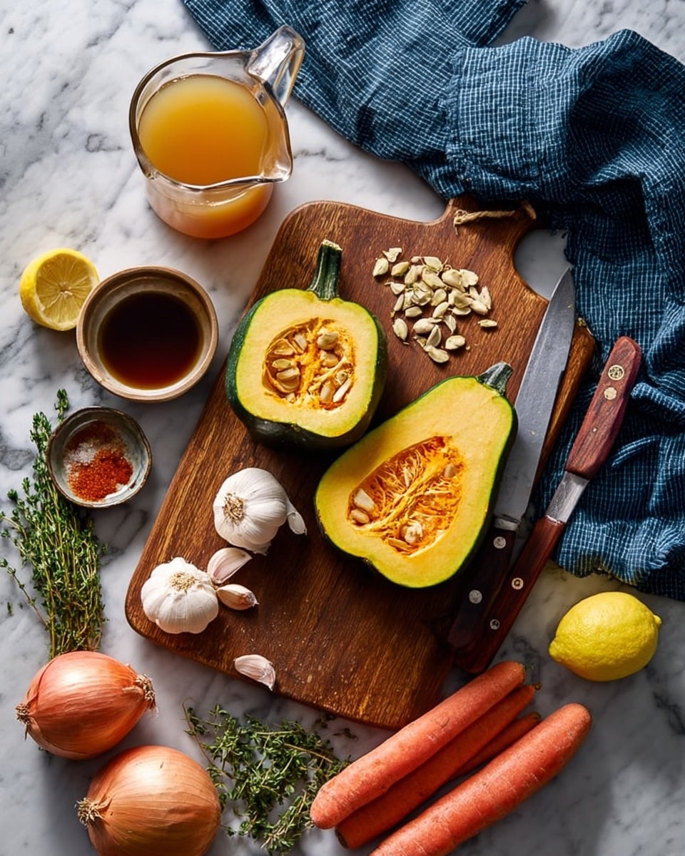 The image shows a wooden cutting board on a white marbled surface with cooking ingredients arranged around it. On the board, there is one green and yellow acorn squash cut in half showing orange flesh and seeds inside, whole garlic bulbs with some peeled cloves, half a lemon with seeds visible, and two small bowls of ground spices - one red and one brown. Next to the board is a large knife with a wooden handle and some loose squash seeds. On the white marbled surface around the board are two whole acorn squashes, a whole onion, two long orange carrots, some fresh green thyme sprigs, a small bowl of dark liquid, and a glass pitcher filled with light orange broth or juice. A blue checkered cloth is draped casually near the carrots. The scene is lit naturally and cleanly. photo taken with an iphone --ar 4:5 --v 7
