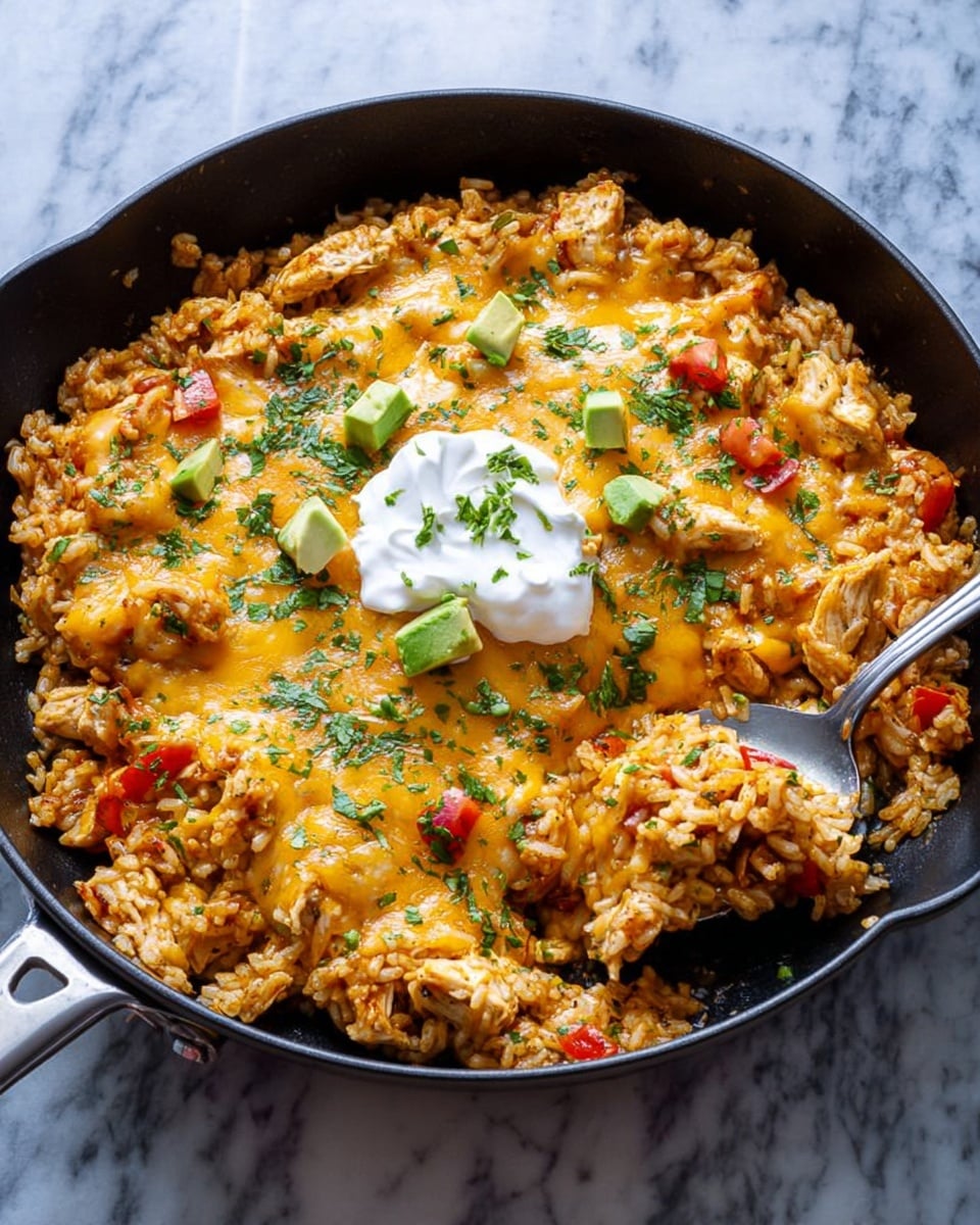 A black skillet filled with a one-layer dish of cooked rice mixed with chunks of chicken and melted orange-yellow cheese, topped with a dollop of white sour cream in the center. Around the sour cream are small bright green avocado pieces and a few red tomato bits, all scattered lightly with green chopped herbs. A silver fork is scooping a portion from the side, showing the cheesy texture mixed with the rice and chicken. The skillet is set on a white marbled surface. photo taken with an iphone --ar 4:5 --v 7