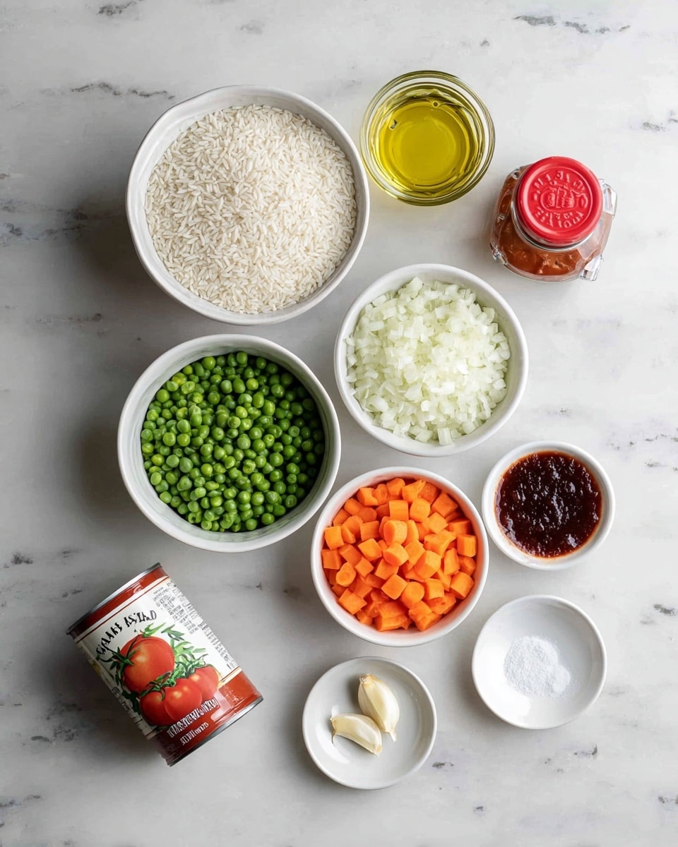 The image shows nine ingredients arranged on a white marbled surface. At the top left, there is a white bowl filled with dry white rice grains. To its right, there is a clear glass container with light yellow cooking oil. Below the rice is a small white bowl with green frozen peas. Next to the peas is a white bowl with finely chopped white onions. Above the onions and peas, in the center, there is a small white bowl filled with diced bright orange carrots. At the top left corner, a can of tomato sauce with a red tomato image on the label is placed. To its right is a small jar with a red lid, containing dark reddish-brown paste or sauce. At the bottom, two small white plates hold salt and minced garlic cloves. Photo taken with an iphone --ar 4:5 --v 7