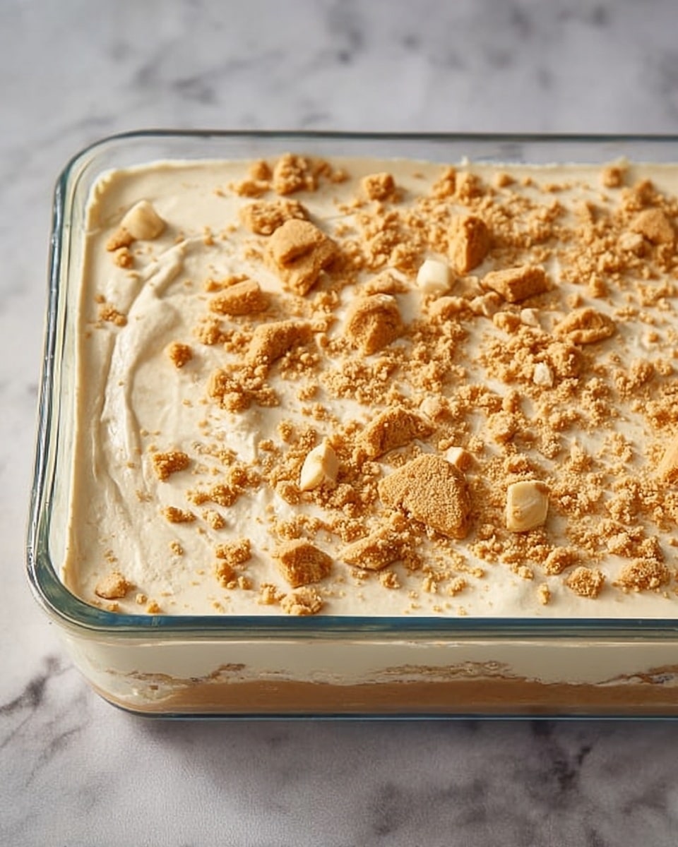 The image shows a clear glass rectangular dish filled with a creamy beige mixture spread evenly across the dish. The top layer is scattered with crushed light golden-brown cookie pieces, giving a crumbly texture and uneven look on half of the surface, while the other half is mostly smooth with fewer crumbs. The dish sits on a white marbled surface, creating a clean and bright background. photo taken with an iphone --ar 4:5 --v 7