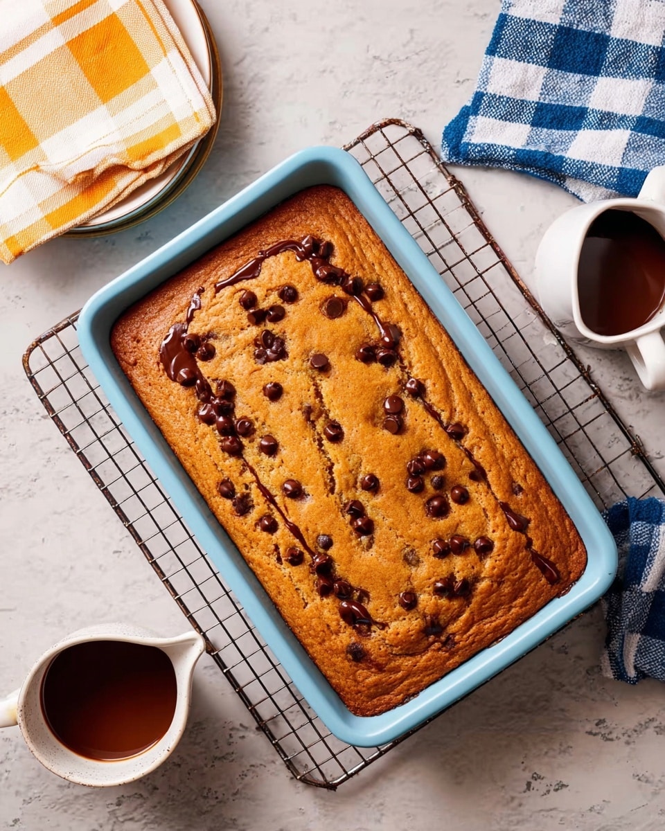 A rectangular baked golden brown cake with scattered dark chocolate chips on top is in a light blue baking pan on a cooling rack. The cake surface looks soft with a few cracks and is drizzled with thin lines of melted chocolate. To the right of the pan, a white small pitcher holds extra melted chocolate, and a blue and white checkered cloth is nearby. To the left, a white plate with folded yellow and white checkered napkins sits on a white marbled surface. Photo taken with an iphone --ar 4:5 --v 7