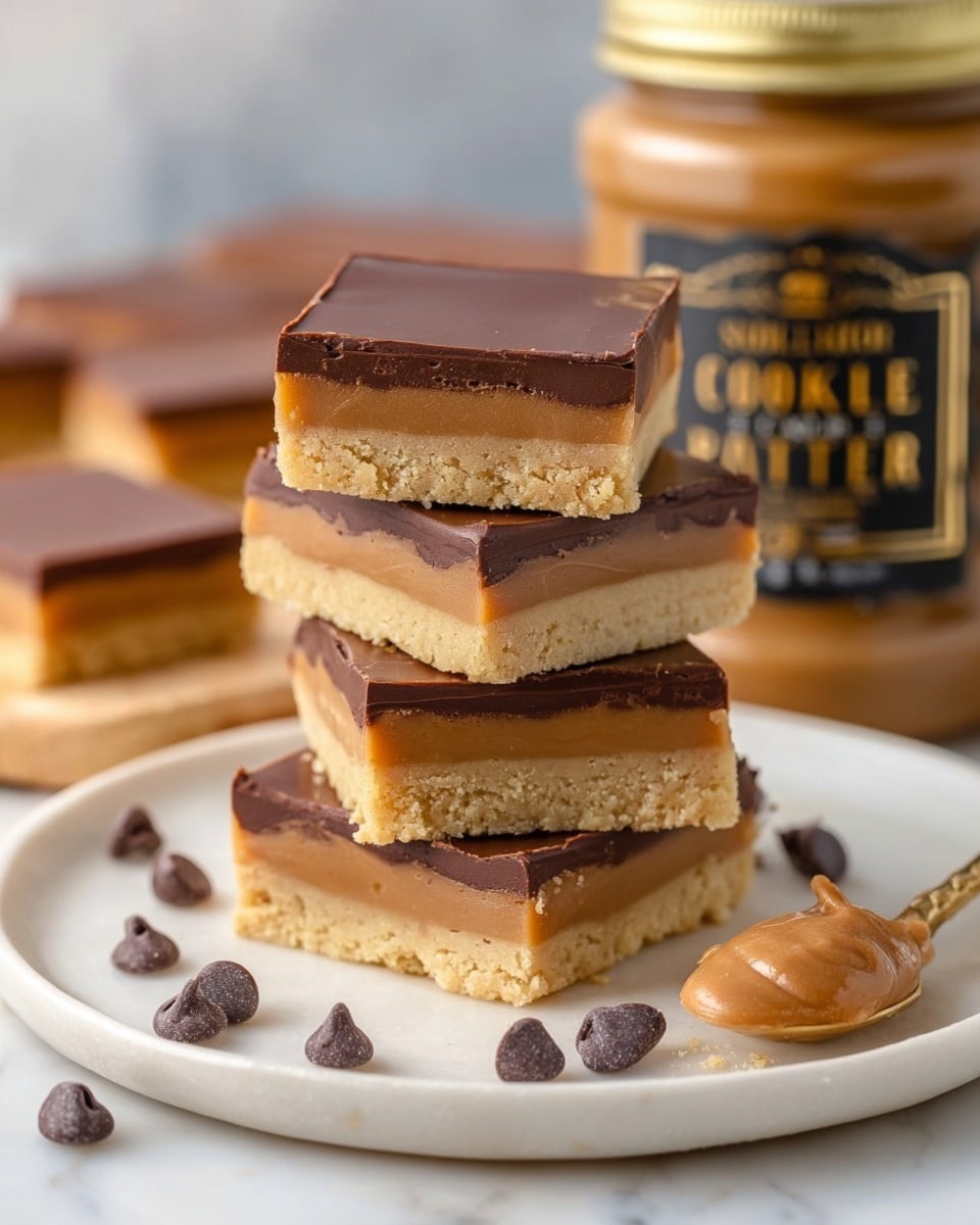 The image shows a stack of four square layered bars on a white plate with a white marbled surface. Each bar has three visible layers: the bottom layer is a light beige soft base with a crumbly texture, the middle layer is slightly darker caramel color with a smooth texture, and the top layer is a glossy dark brown chocolate. Around the plate, small dark chocolate chips are scattered with a spoon holding a smooth scoop of light brown cookie butter spread. In the background, a jar of cookie butter spread with a golden lid and dark label is slightly out of focus. Photo taken with an iphone --ar 4:5 --v 7