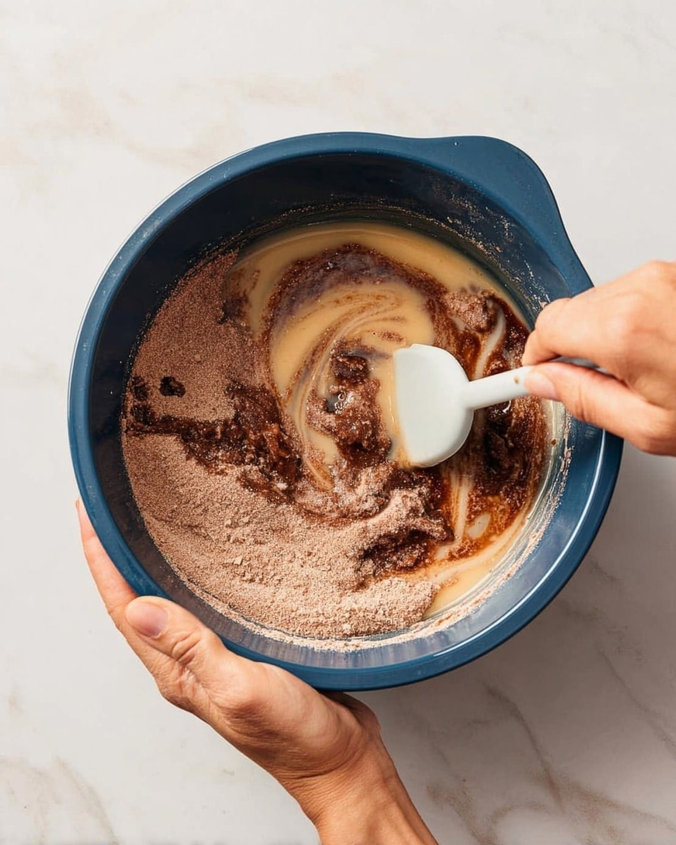A dark blue mixing bowl filled with a dry brown powder, likely cocoa or cake mix, and wet ingredients including a light yellow liquid and a glossy dark brown syrup sitting on a white marbled surface. A woman's hand holds the bowl steady while another woman's hand uses a white spatula to stir the ingredients together, creating swirls of wet and dry textures. The inside of the bowl shows a mix of powdery, smooth, and sticky textures blending. photo taken with an iphone --ar 4:5 --v 7