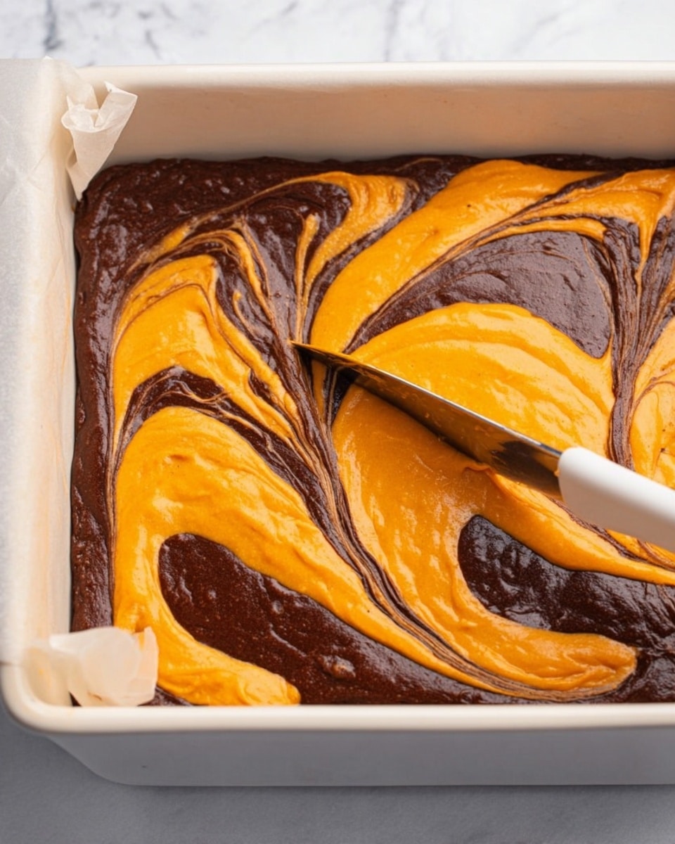 A white rectangular pan filled with two layers of batter being swirled together with a knife; the bottom layer is a dark brown, rich chocolate color, while the top layer is a bright orange, smooth pumpkin color. The knife is gently swirling the two colors into a marbled pattern, blending the edges where the brown and orange meet, creating streaks and swirls all over the surface. The pan is lined with white baking paper, and the background shows a white marbled texture. photo taken with an iphone --ar 4:5 --v 7
