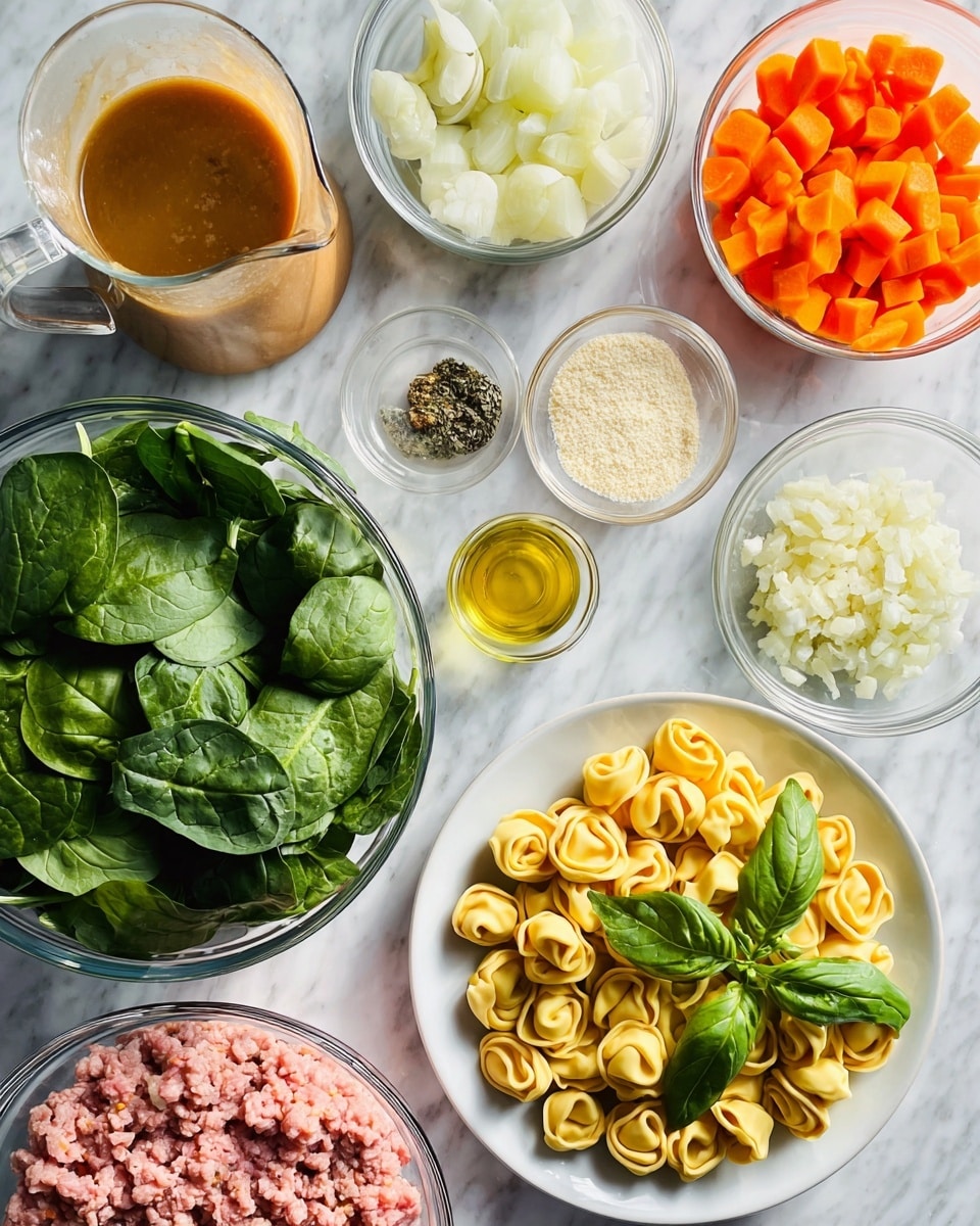 A top-down view of many clear bowls and a white plate arranged on a white marbled surface. The white plate in the lower right contains light yellow tortellini pasta topped with fresh green basil leaves. To the left, a large clear bowl is filled with dark green spinach leaves. Above the spinach, medium-sized bowl contains bright orange diced carrots. Next to the carrots, another clear bowl holds pale pink ground meat. Above the ground meat, a bowl is filled with chopped white onions. In the upper left, a glass jug is filled with brown broth, and beside it, a glass jar contains light cream. Three garlic cloves are placed next to two small bowls holding herbs and spices. There is also a small bowl with light yellow flour near the bottom. The colors include the bright orange, pale pink, white, green, brown, and cream, all placed neatly on the white marbled surface. Photo taken with an iphone --ar 4:5 --v 7