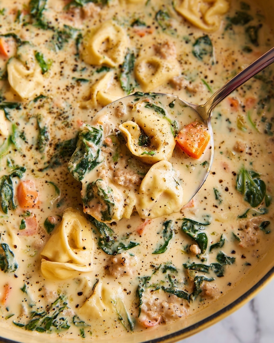 The image shows a creamy soup filled with three layers of ingredients. The base is a thick, light beige cream with small black pepper specks and herbs spread throughout. The middle layer has orange carrot cubes and green spinach leaves, adding bright color contrast in the cream. The top layer shows tender, pale yellow tortellini pasta that has a soft, smooth texture. In the middle, there is a silver ladle scooping up some soup with visible tortellini, green spinach, and bits of light brown sausage. The whole dish rests on a white marbled surface. photo taken with an iphone --ar 4:5 --v 7
