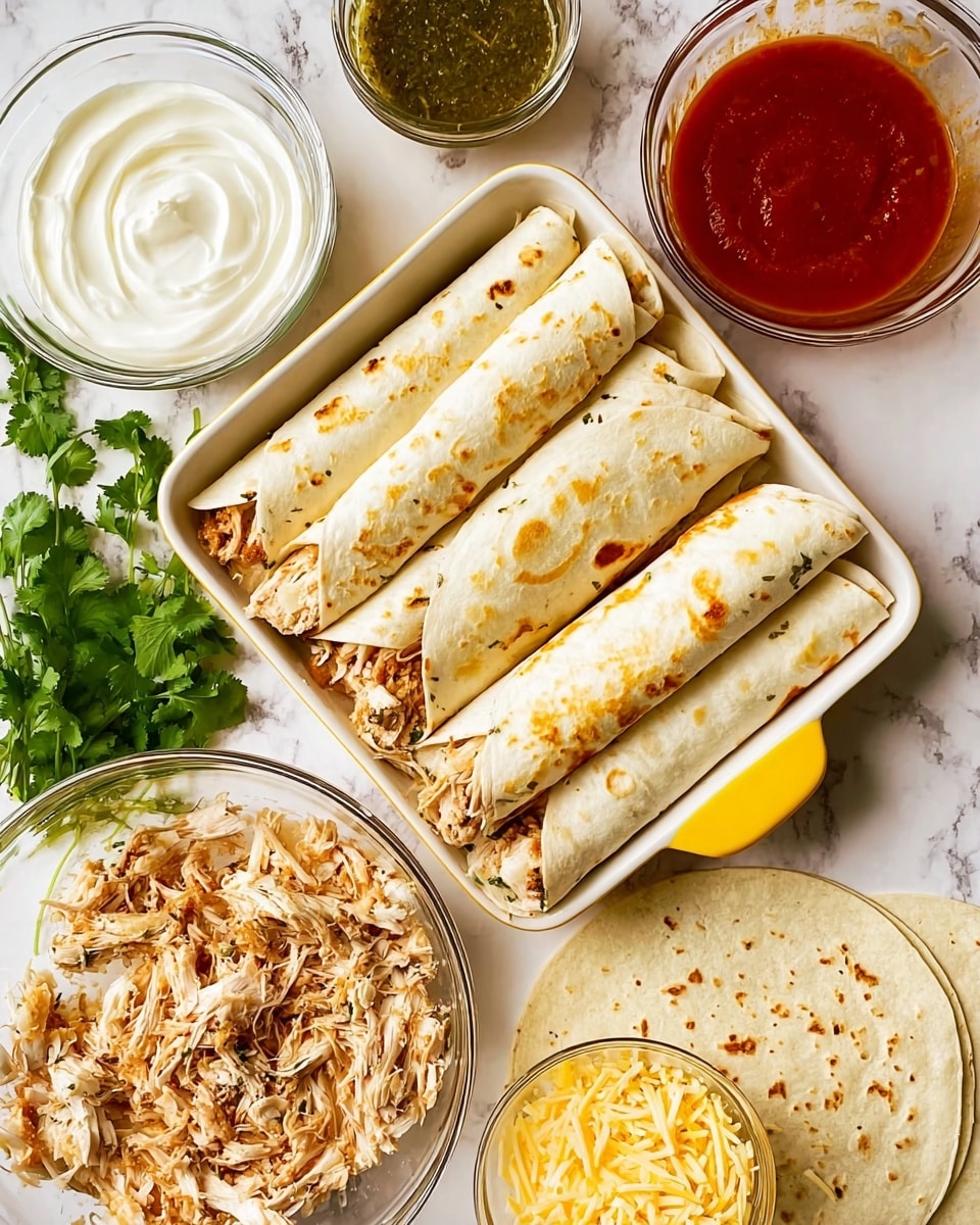 The image shows four rolled tortillas with light brown spots, filled with shredded cooked chicken and herbs, placed side by side in a white baking dish with a yellow handle on a white marbled surface. To the left, there are three glass bowls holding sour cream with a smooth white swirl, green sauce with a slightly thick texture, and bright red sauce with a glossy surface. Fresh cilantro leaves lie next to the bowls, adding green color. In the lower right, a clear bowl holds shredded cooked chicken mixed with finely shredded cheese and sprinkled with spices. Near it, a small bowl of shredded pale yellow cheese is visible. A stack of plain tortillas lies beside the bowls, with one tortilla open, topped with a small amount of the chicken mix. Photo taken with an iphone --ar 4:5 --v 7