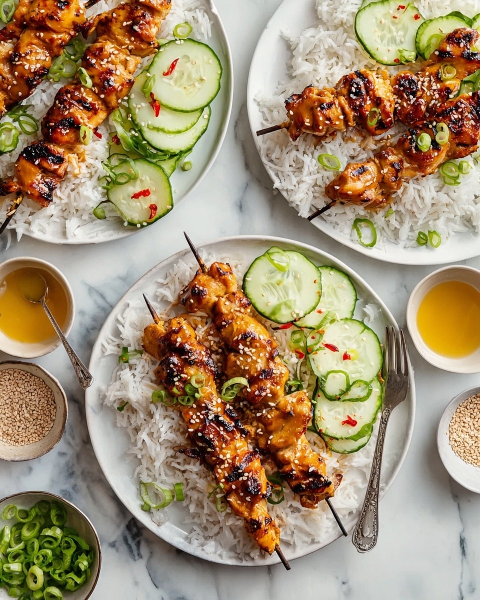 The image shows three white plates with grilled chicken skewers on top of a bed of white rice. The chicken pieces are golden brown with a slight char and sesame seeds sprinkled on them. Each plate has three chicken skewers placed diagonally, with chopped green onions scattered on top. On the upper right side of each plate, there are thinly sliced cucumber rounds, some with red pepper flakes. Around the plates, there are small white bowls of sesame seeds, chopped green onions, and a light yellow sauce, all set on a white marbled surface. photo taken with an iphone --ar 4:5 --v 7