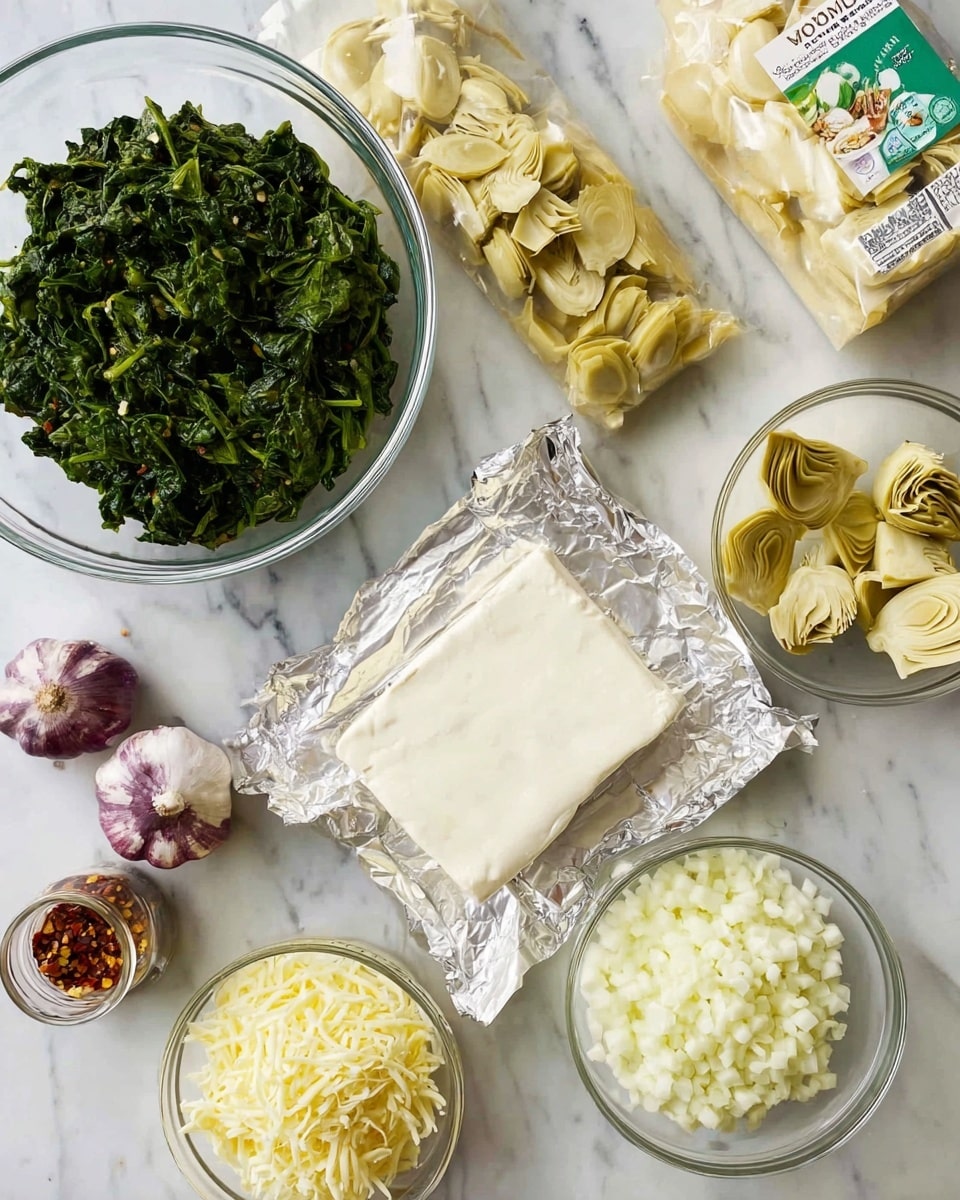 A top-down view of various uncooked ingredients laid out on a white marbled surface, including a clear glass bowl filled with bright green chopped spinach positioned near the center-right, a block of smooth, white cream cheese on opened foil placed bottom center, a small clear glass bowl with light yellow artichoke hearts to the left, a bowl of finely diced white onions bottom right, a pack of pale yellow shredded mozzarella cheese in cream and green packaging near the top left, three shiny purple garlic cloves scattered near the center, and a small jar of red chili flakes in the lower left corner. Photo taken with an iphone --ar 4:5 --v 7