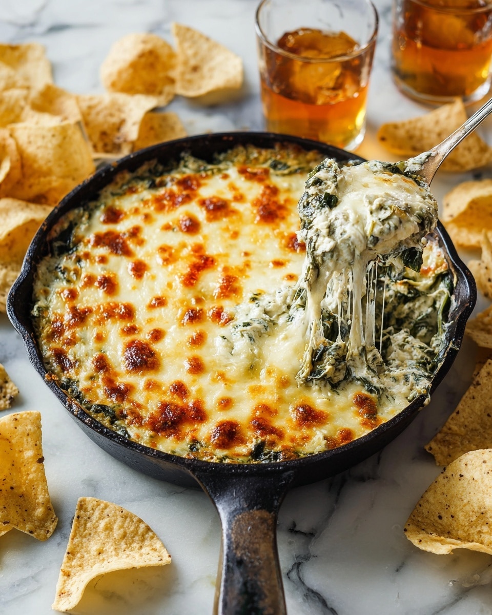 A black cast iron pan sits on a white marbled surface, filled with a creamy spinach dip covered in a layer of melted cheese that is golden brown in some spots, with bubbly texture. A spoon is scooping some dip from the pan, showing stretchy melted cheese and green spinach mixed into the creamy base. Surrounding the pan are scattered white tortilla chips, some whole and some broken, along with amber-colored drinks in clear glasses and bottles, adding warm tones to the scene. photo taken with an iphone --ar 4:5 --v 7