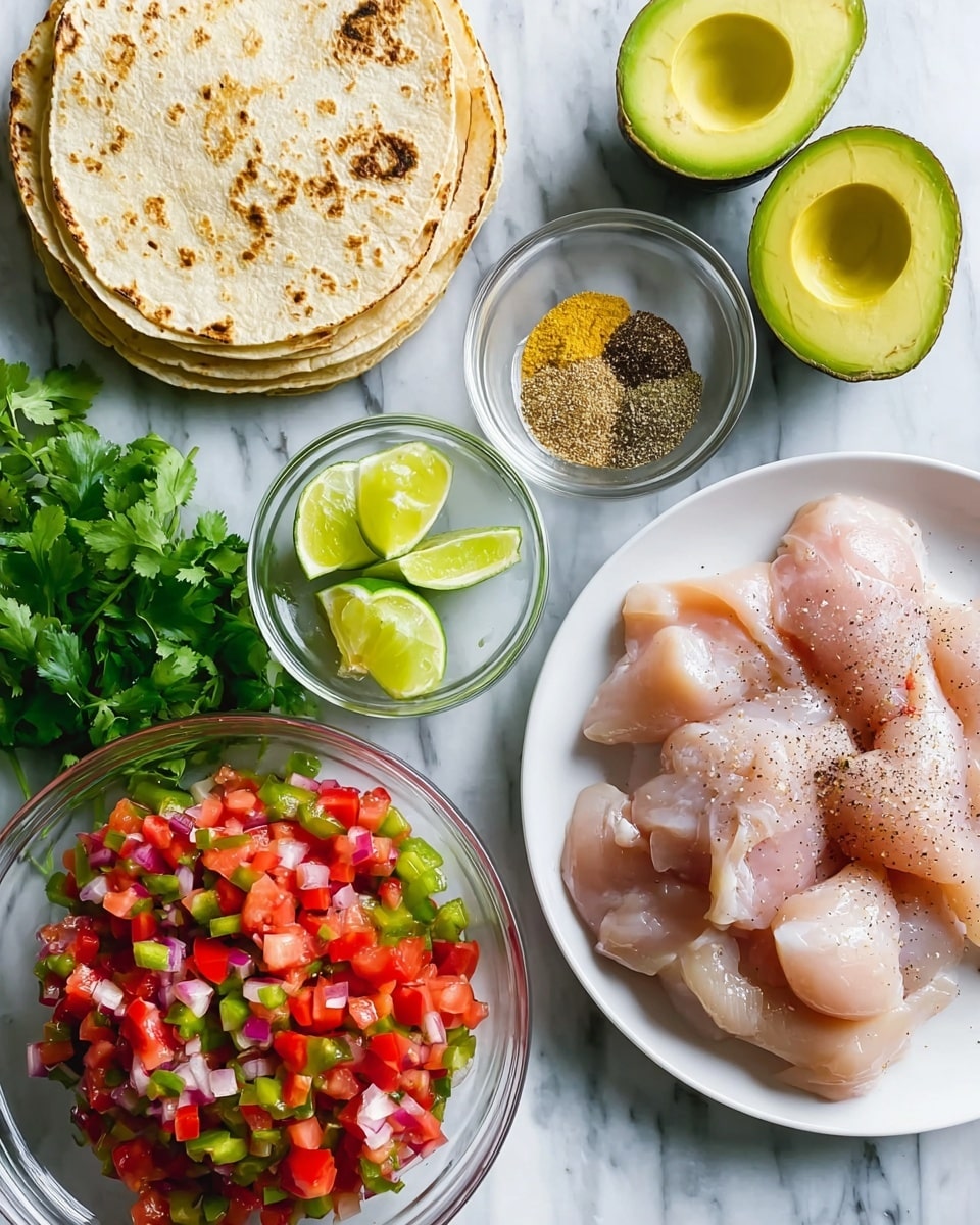 The image shows ingredients arranged on a white marbled surface. There is a stack of soft, slightly browned round tortillas in the top left corner. Below the tortillas is a clear bowl filled with chopped red tomatoes, green peppers, and onions, with fresh green cilantro next to it. A small glass bowl with lime wedges sits next to two halves of an avocado, one half showing the yellow-green flesh and the other half with the large brown pit. To the right, on a white plate, are raw pieces of light pink chicken seasoned with black pepper. Above the chicken is a small clear bowl filled with mixed dry spices, including shades of yellow, brown, and green. A small glass container of oil is near the spices. photo taken with an iphone --ar 4:5 --v 7