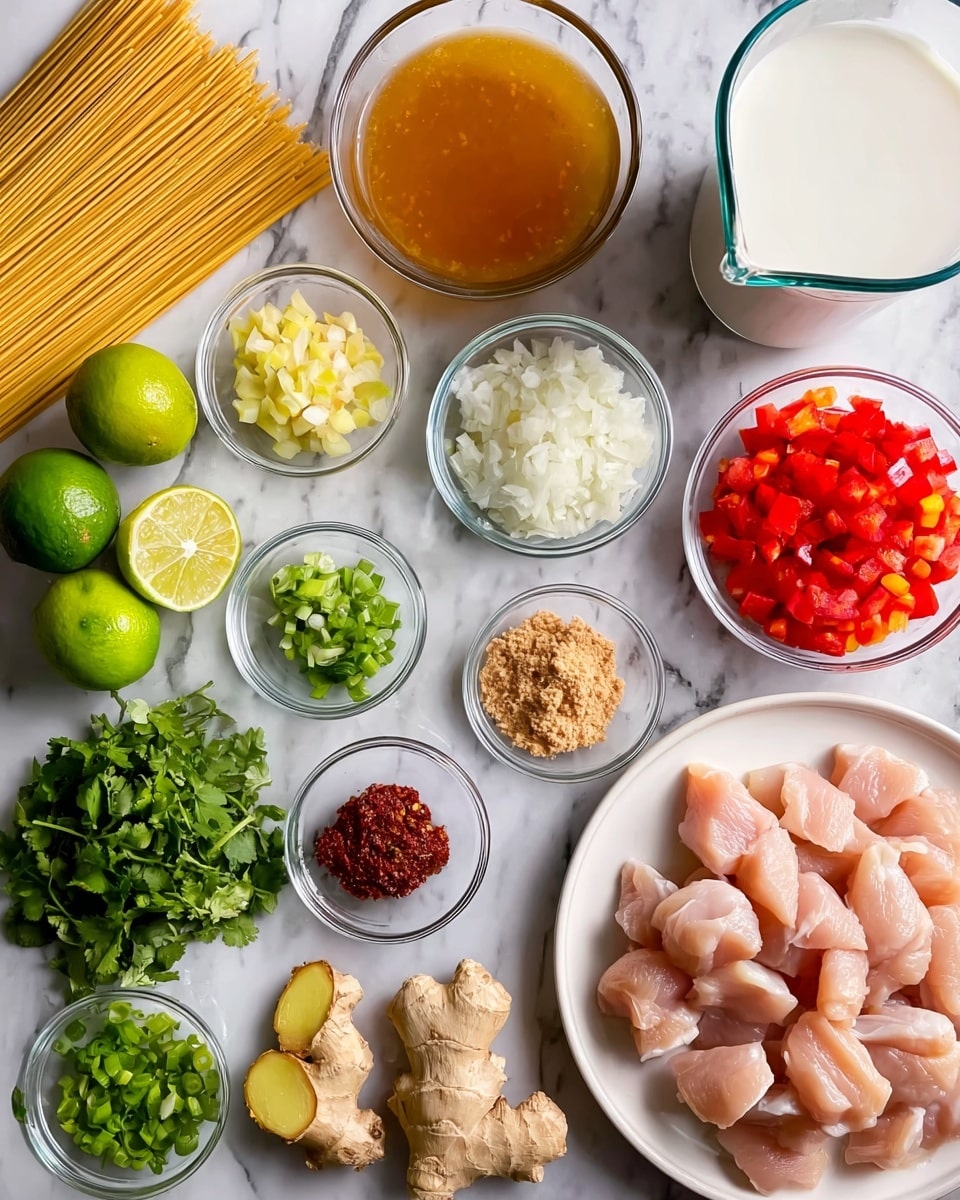 The image shows various ingredients arranged on a white marbled surface. In the lower right corner, a white plate holds light pink, cubed raw chicken pieces. Above the plate are slices of fresh ginger root with a light brown skin and yellow flesh. To the left of the chicken, a glass bowl filled with dark orange liquid broth is placed next to uncooked light beige noodles. Near the broth, three peeled garlic cloves sit beside a half and a whole green lime, along with a small bunch of fresh green cilantro leaves. Above the cilantro, five small glass bowls hold finely chopped white onion, crumbled light brown sugar, bright red diced bell pepper, chopped green spring onions, and a thick dark red paste. In the top right corner, a clear glass measuring cup holds creamy white coconut milk. The colors and textures form a vibrant and fresh setup for a meal. Photo taken with an iphone --ar 4:5 --v 7