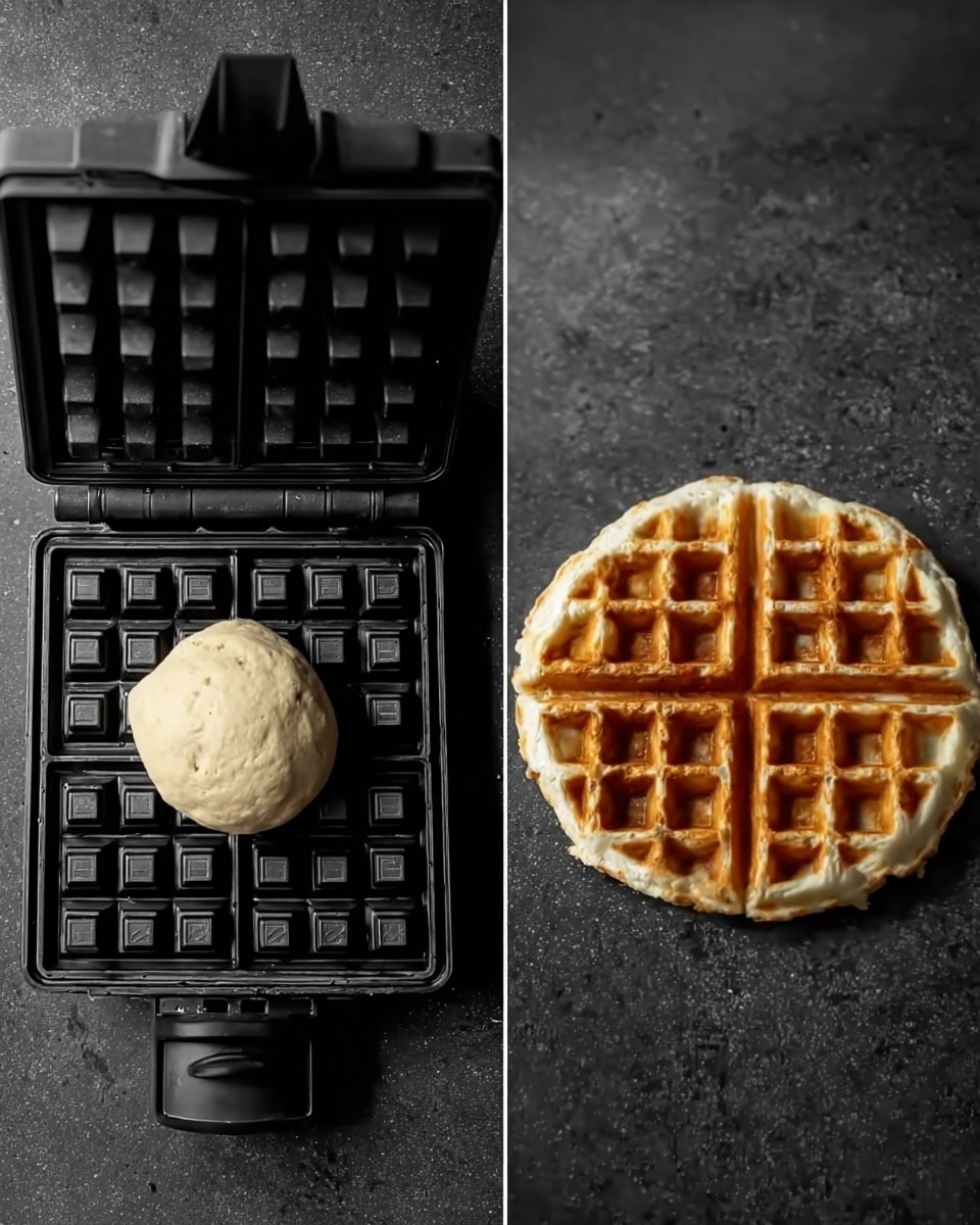 The image on the left shows a round ball of raw waffle dough placed in the center of an open black waffle iron with four square sections, sitting on a dark countertop. The image on the right displays a cooked waffle in the same black waffle iron, golden brown with a slightly uneven, rough texture and visible square pockets, placed on the same dark surface. Photo taken with an iphone --ar 4:5 --v 7