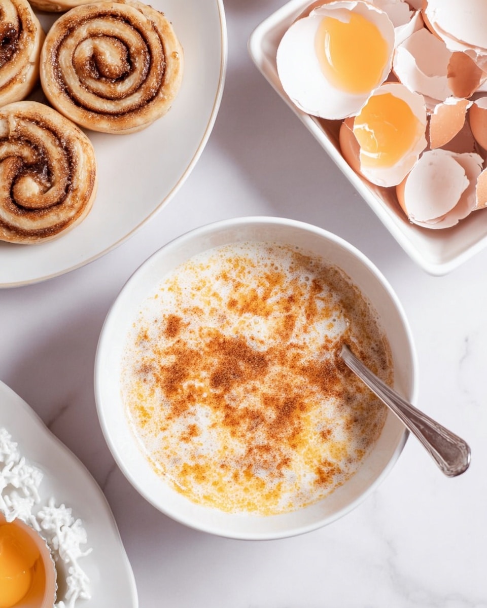 A white bowl in the center filled with a mixture of eggs, milk, and a reddish-brown spice on top, with a silver fork resting inside. To the left, a white plate holds a stack of cinnamon rolls, each showing spiral layers of light beige dough and a dark brown cinnamon filling. To the right, a white dish contains broken eggshells with pale orange and white tones. The background is a clean white marbled texture. Photo taken with an iphone --ar 4:5 --v 7