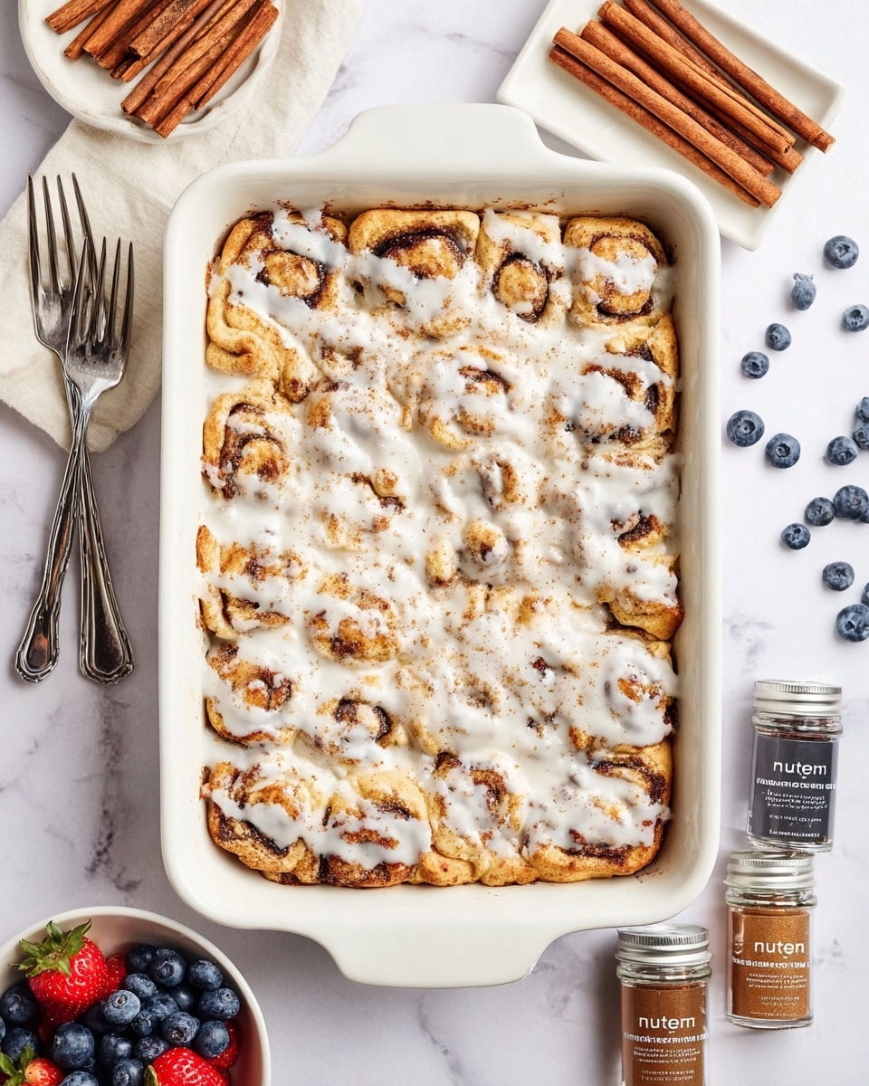 A white rectangular baking dish holds a baked cinnamon roll casserole with a textured top layer of white icing drizzled unevenly, covering golden-brown soft rolls with dark cinnamon swirls visible beneath. The casserole fills the dish completely with a slightly raised, chunky surface showing many small roll pieces next to each other. Around the dish, on a white marbled surface, there are cinnamon sticks, two small spice jars labeled