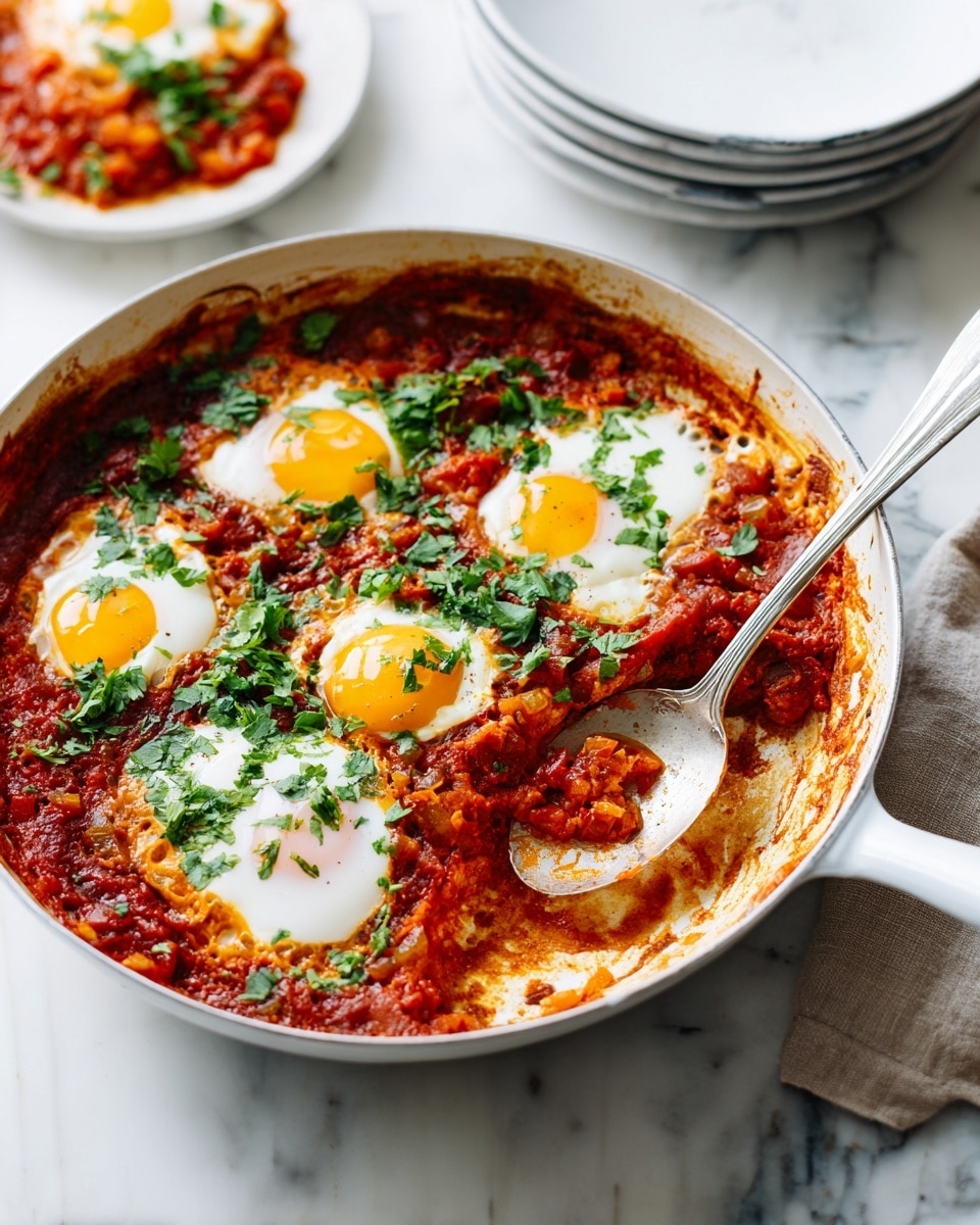 A white pan holds a dish with three visible layers: a thick deep red tomato sauce base mixed with small chunks of vegetables, topped with three cooked eggs with bright yellow yolks and firm white edges. Fresh green chopped herbs are sprinkled on top for color contrast. The pan sits on a white marbled surface, with a metal spoon resting inside the pan near a partially served section. In the background, there's a plate of the same dish and stacked white plates blurred out. Photo taken with an iphone --ar 4:5 --v 7