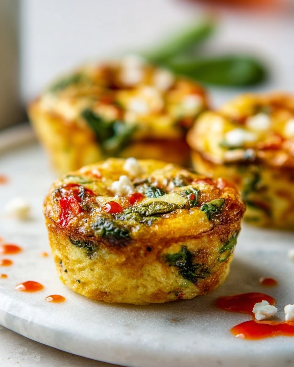The image shows three small, round egg muffins placed on a white plate with a white marbled texture underneath. Each muffin has a golden-brown outer crust with a soft and fluffy inside, layered with visible pieces of green spinach, red bell pepper, and white cheese scattered throughout. The texture looks slightly crispy on the edges, with a moist and tender inside. There are small drops of hot sauce and tiny white cheese bits sprinkled around the plate, adding extra detail. The focus is on the front muffin, with the other two softly blurred in the background, creating depth. photo taken with an iphone --ar 4:5 --v 7